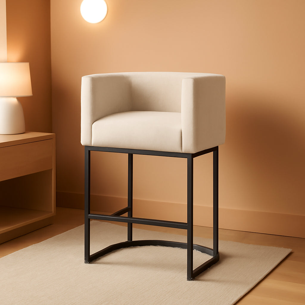 27 Inch Counter Height Bar Stool With Backrest And Armrests, Linen Upholstery, Black Metal Frame