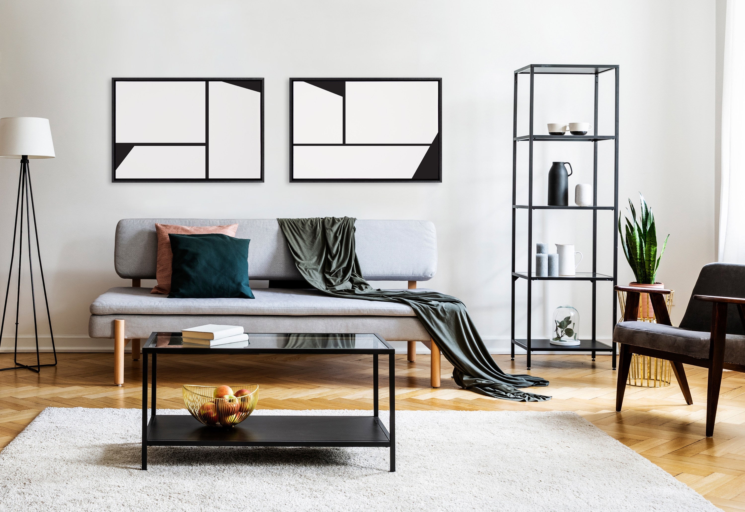 Sylvie Sleek Luxe Minimalist Black and White Abstract Framed Canvas Art Set by The Creative Bunch Studio