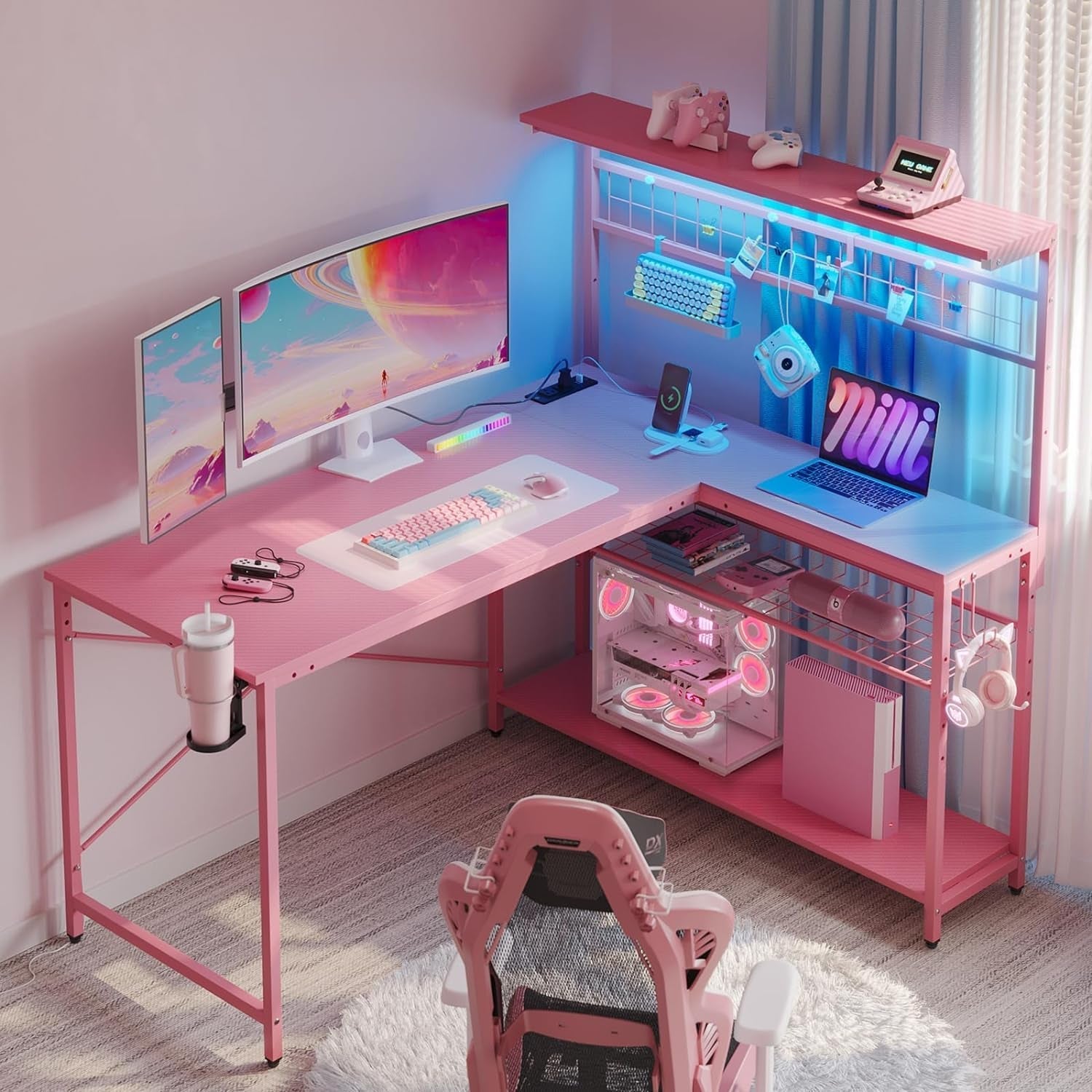 51 Inch L Shaped Gaming Desk Pink With Power Outlets And LED Lights