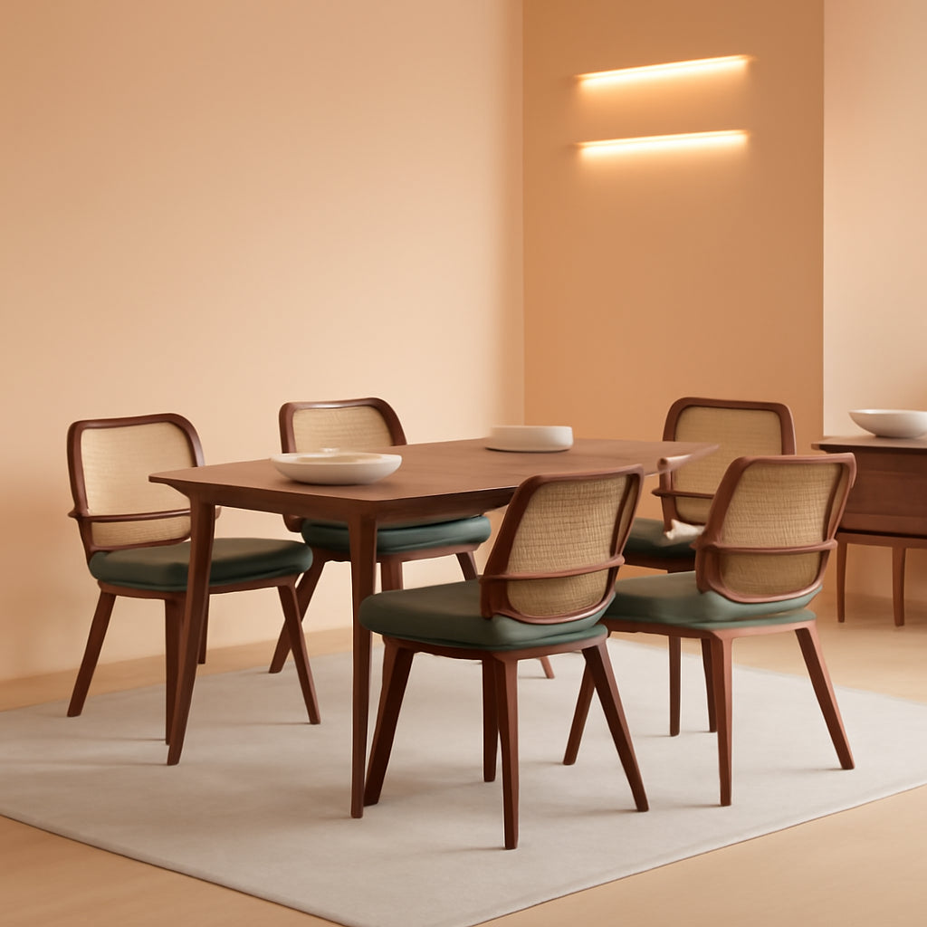 Set Midcentury Green Rattan Bentwood Dining Chairs