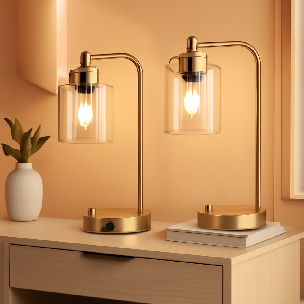 Set Of 2 Gold Table Lamps With 2 USB Ports Dimmable
