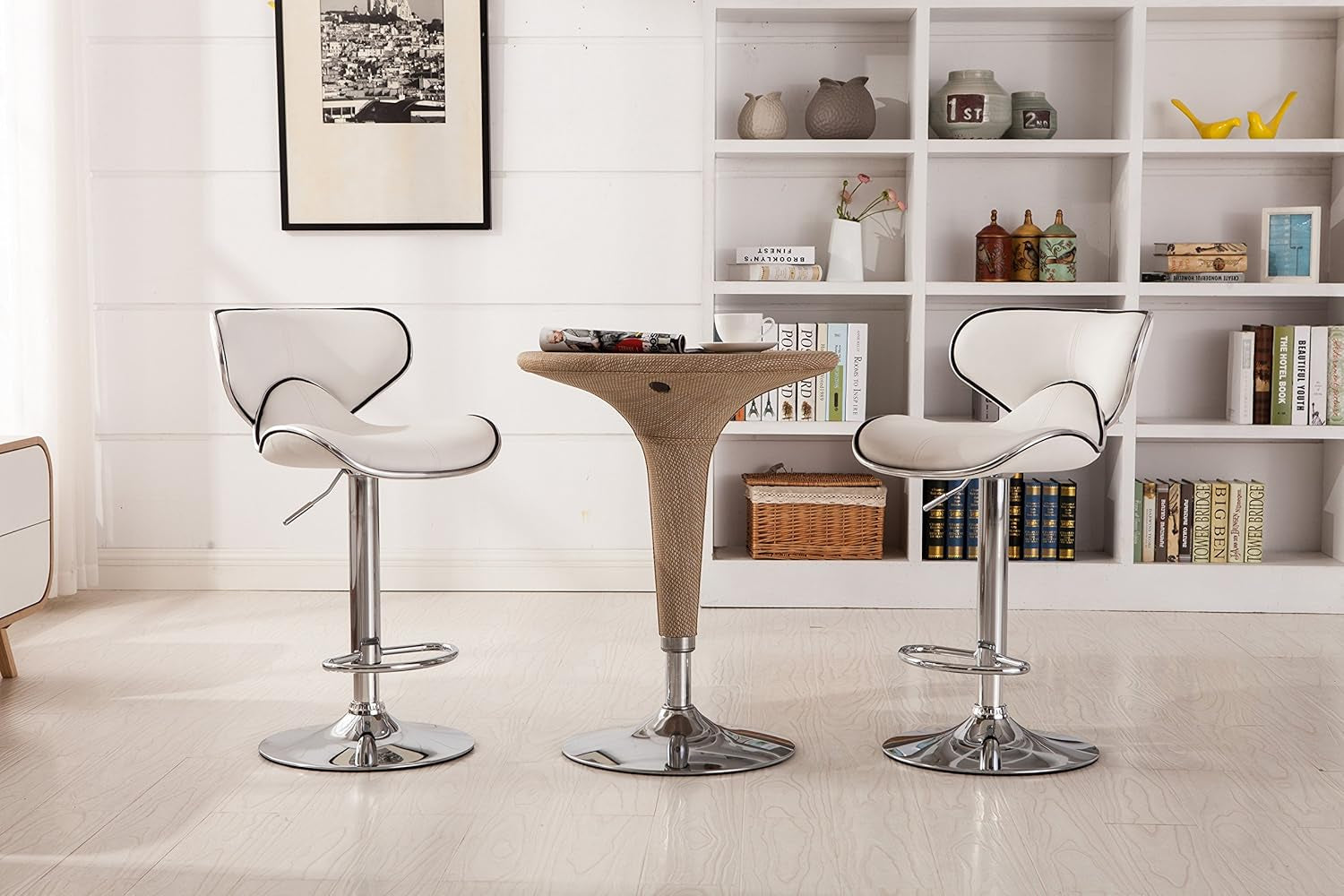 White Cushioned Leatherette Barstool Set Of 2 Adjustable Height Swivel