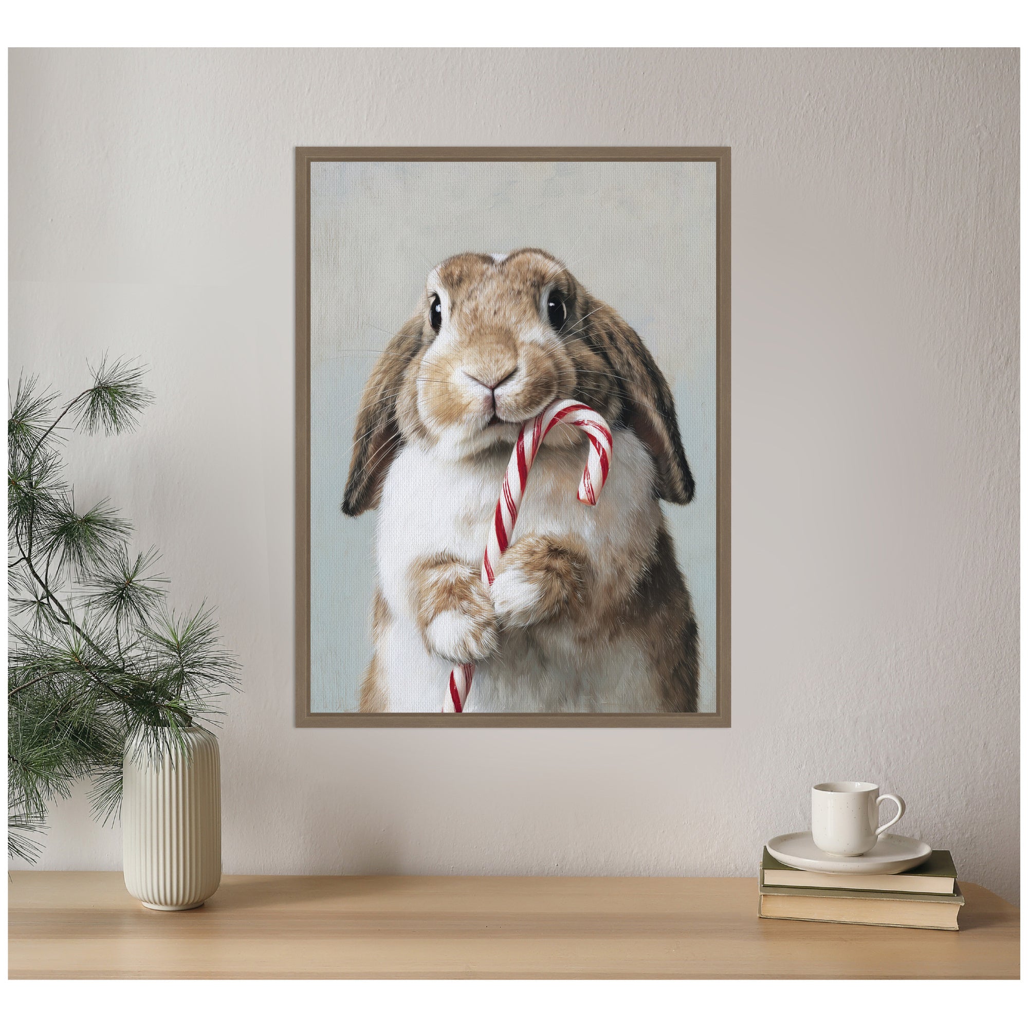 Sylvie Framed Canvas Cute Bunny Candy Cane by The Creative Bunch Studio