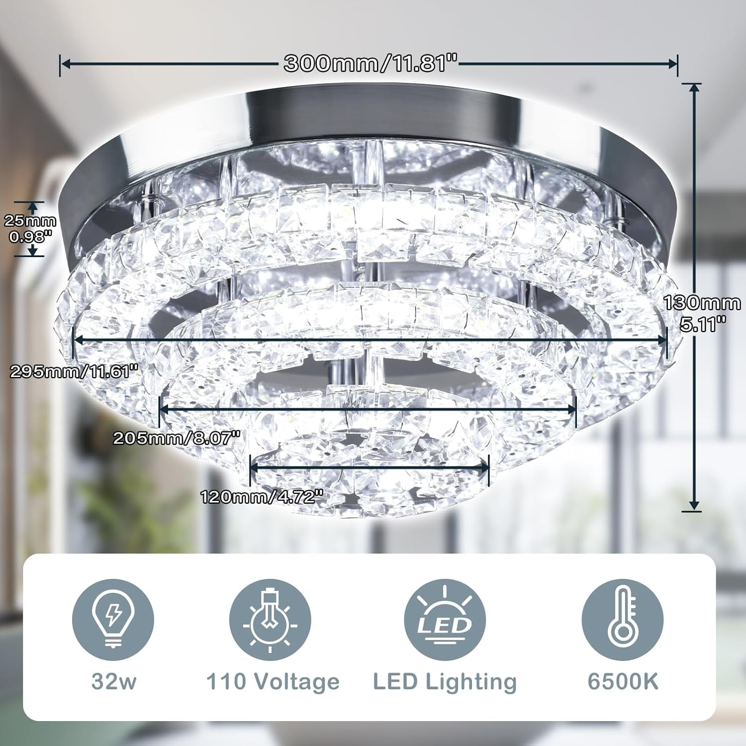 11.8 Inch Crystal Chandelier Ceiling Light 6500K LED-3