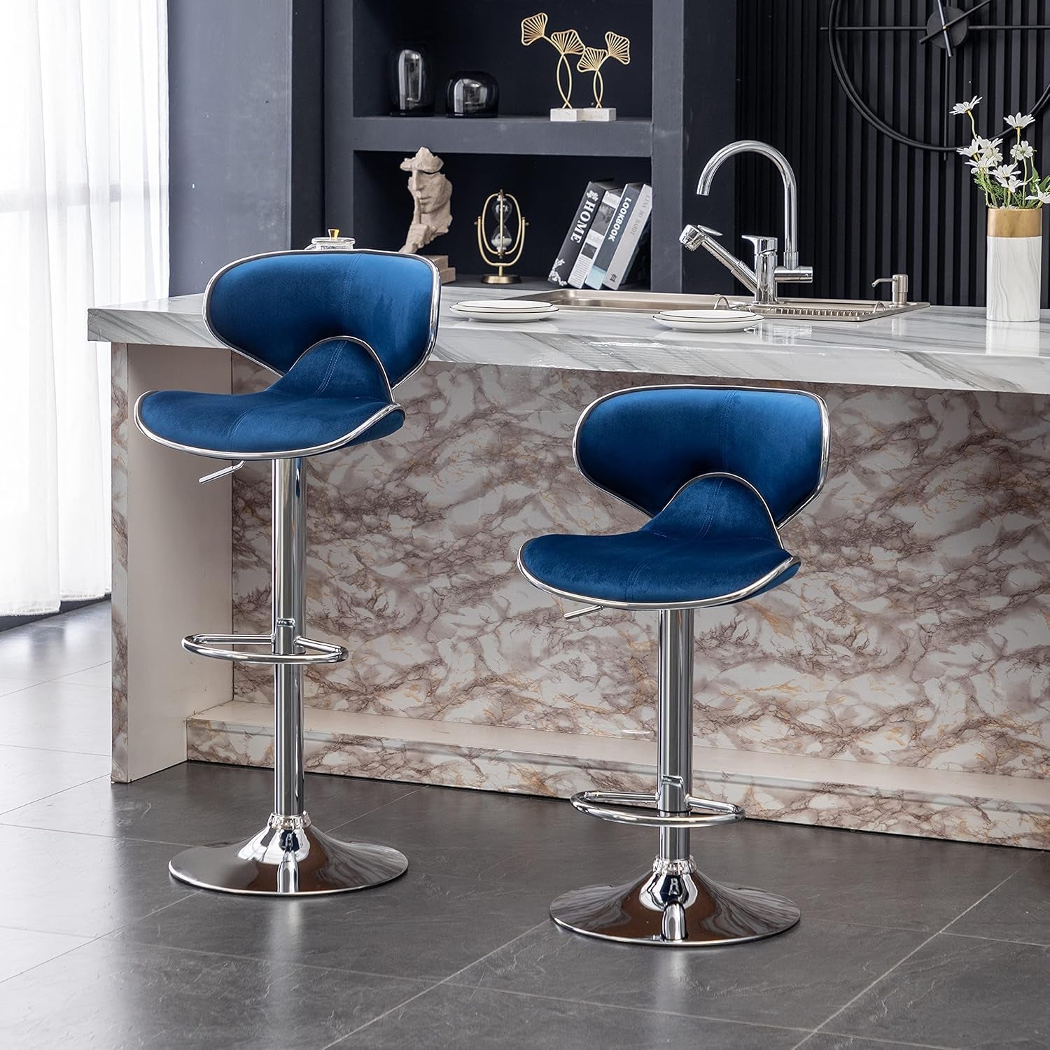 Blue Velvet Upholstered Adjustable Swivel Barstool Set Of 2