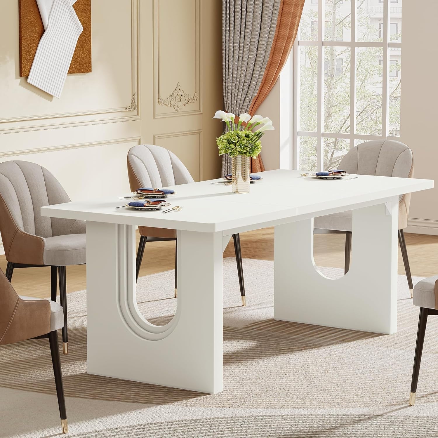 Modern White Dining Table 71 Inch With Wood Pedestal Base