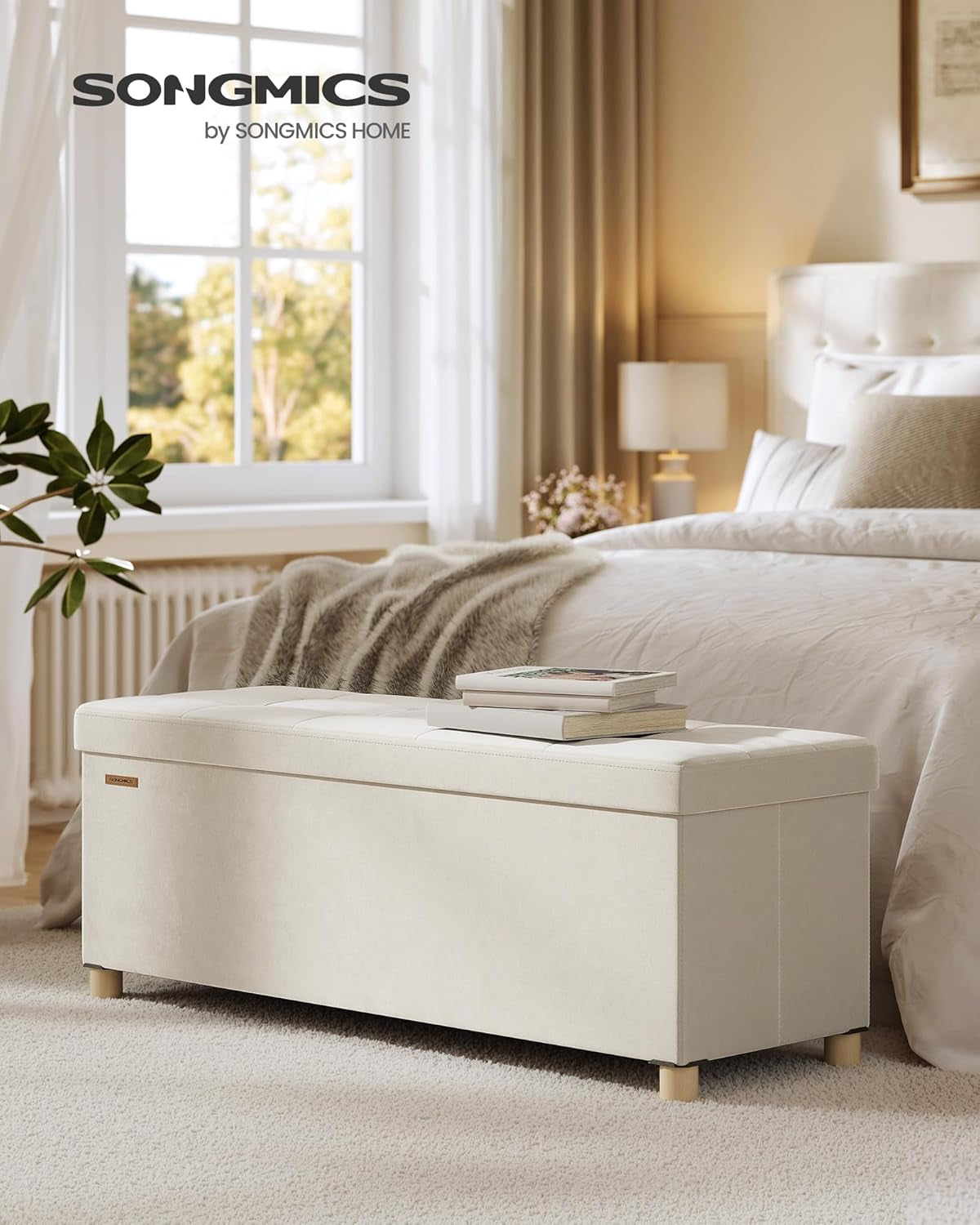 Cappuccino Beige Velvet Storage Ottoman Bench Folding