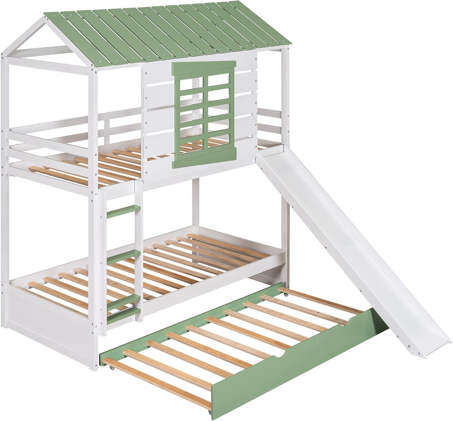 Bunk Bed Twin Over Twin With Slide And Trundle White Green