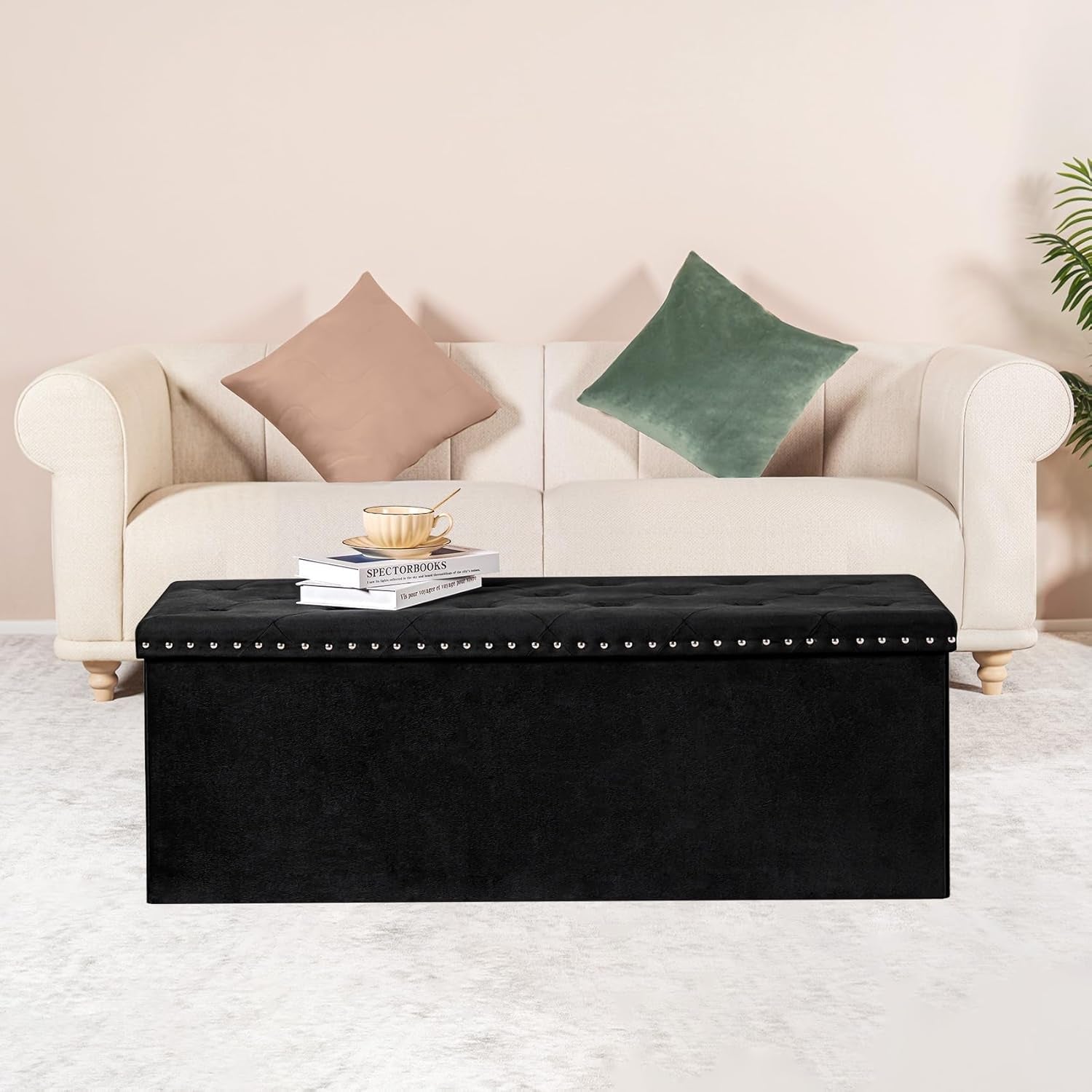 Jet Black Storage Ottoman Bench Seat 43.3 Inch Length