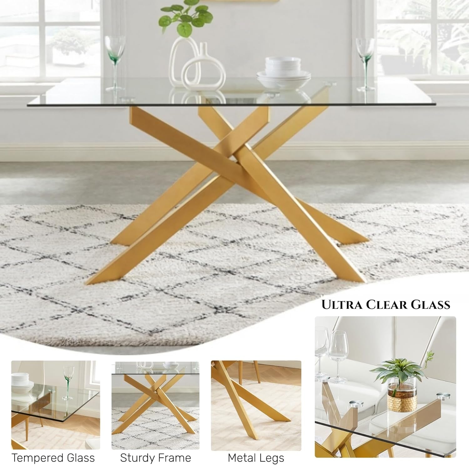 Rectangular Tempered Glass Dining Table Gold Finish