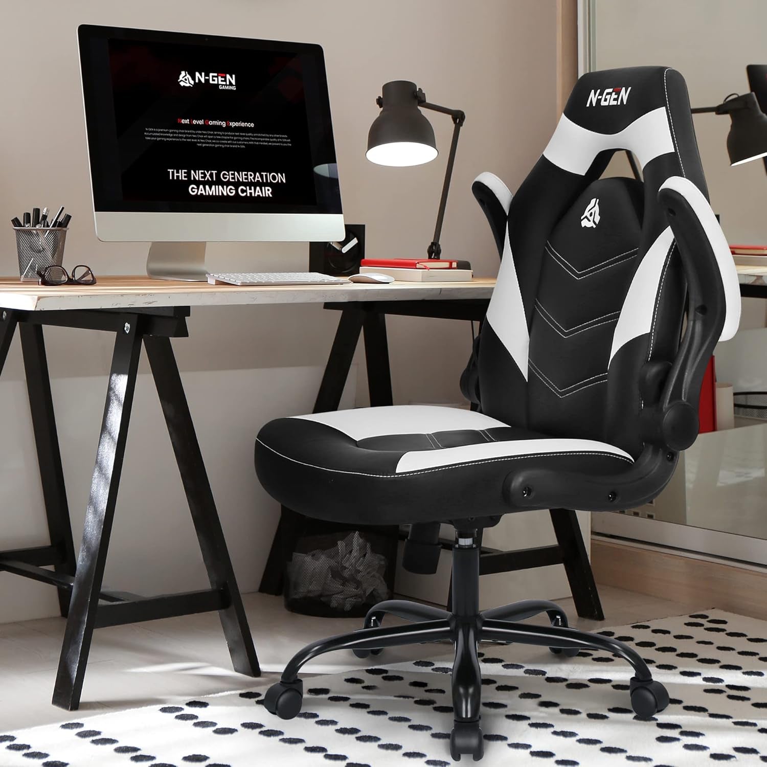 White Gaming Chair With Lumbar Support And Flip Up Arms
