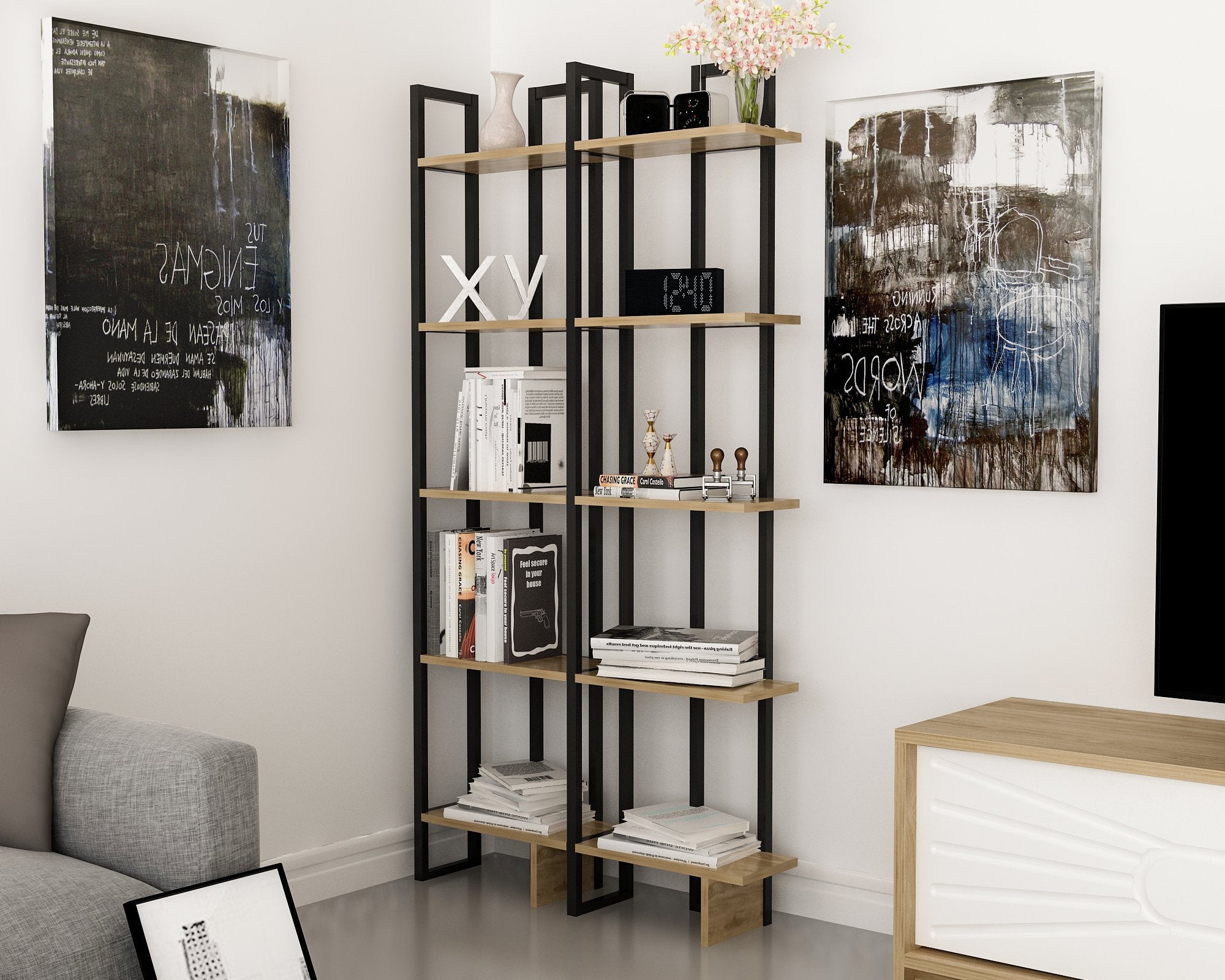 Alice 71" Tall Metal Manufactured Wood Bookcase | Corner Bookcase