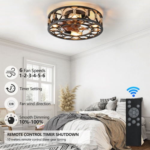 Cage Ceiling Fan With Light Remote Control, Low-profile Built-in Farmhouse Modern Ceiling Fan, 6 Speed Reversible Blades, Including 5 LED Bulbs Unavailable Platforms- Temu