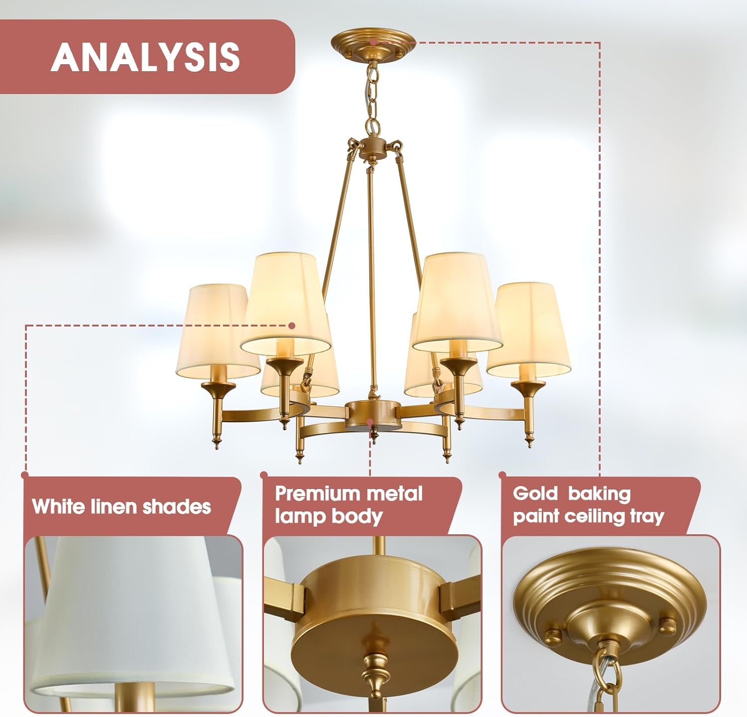 Gold Wagon Wheel Chandelier With White Linen Shade 6 Light-2