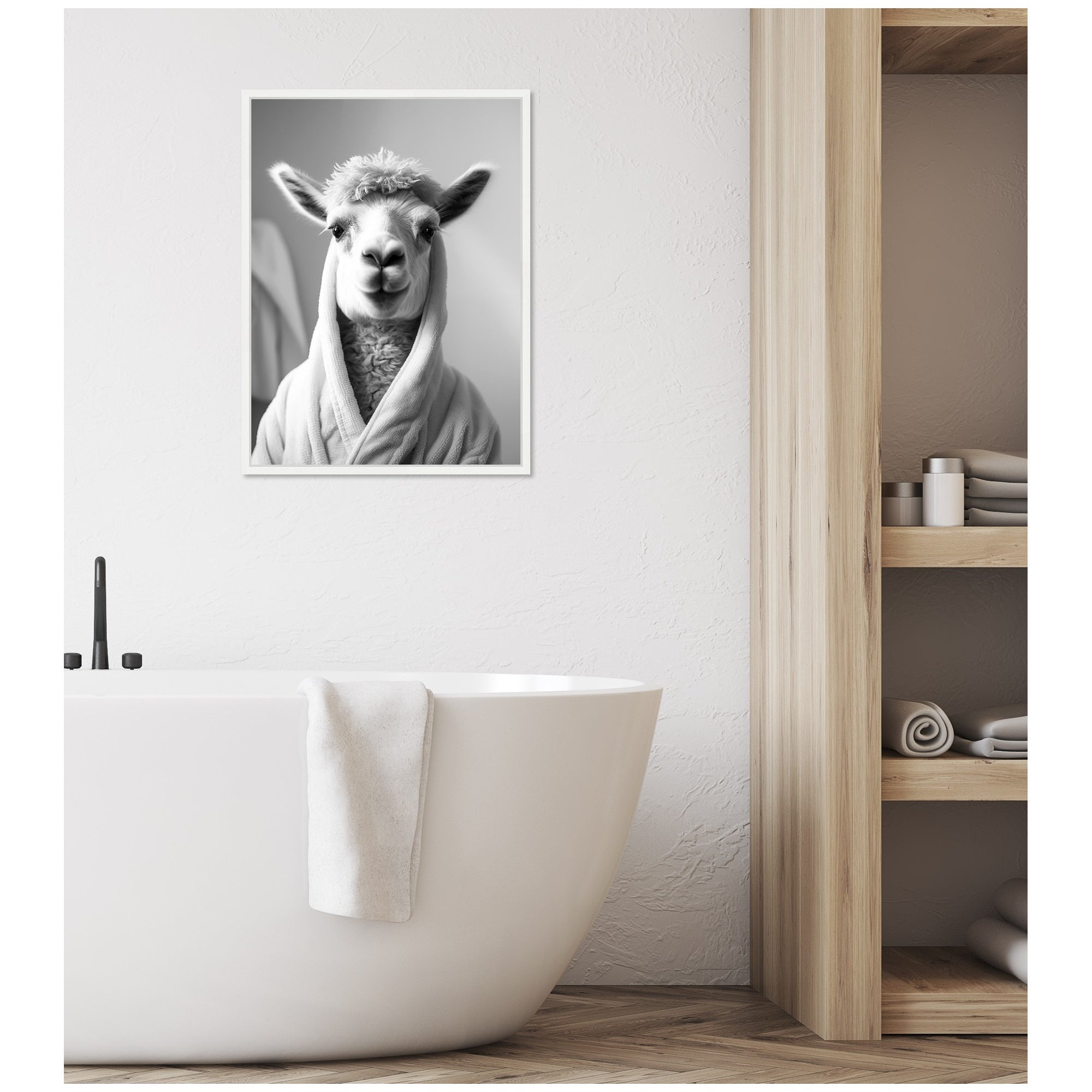 Sylvie Llama Bathroom Art Towel Robe Black and White Framed Canvas by The Creative Bunch Studio