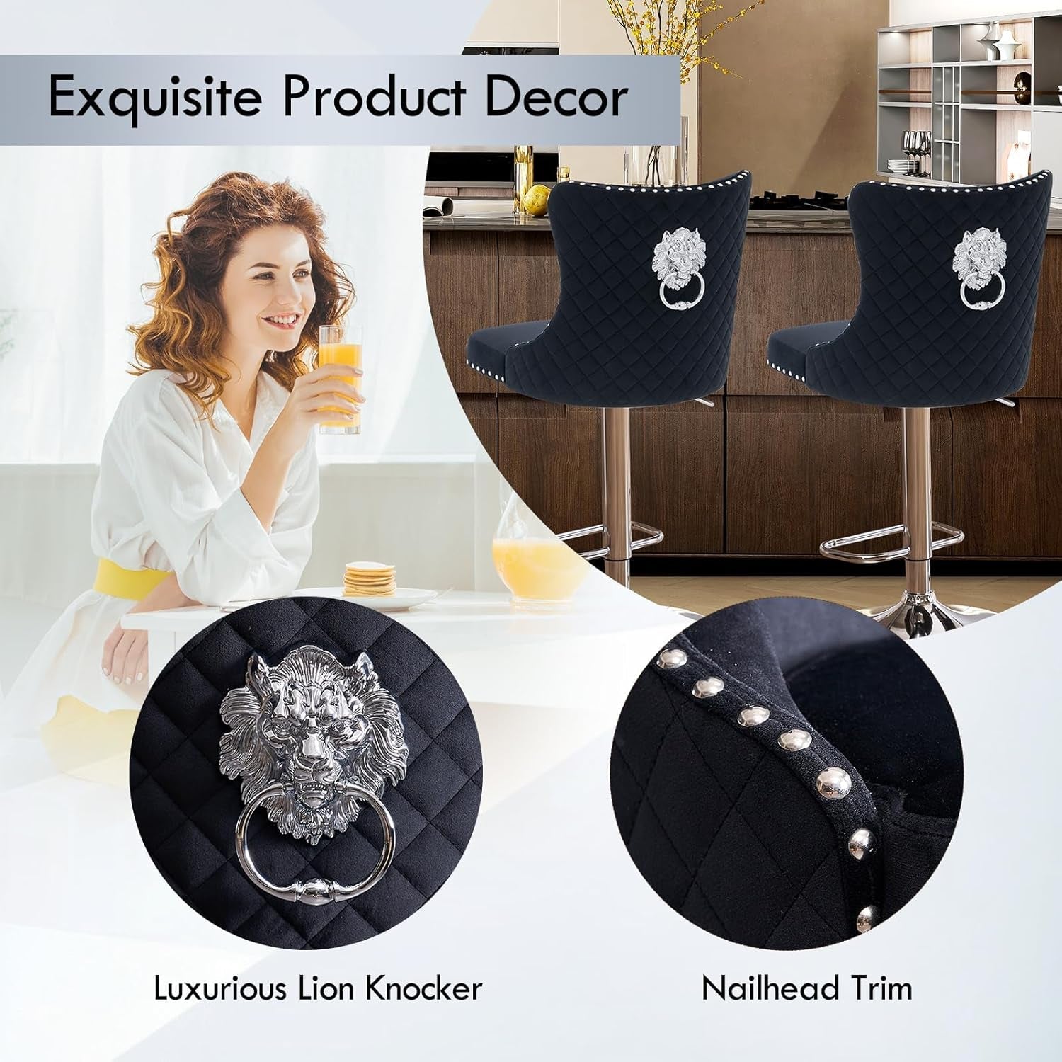 Velvet Swivel Bar Stools Adjustable Set Of 4 In Black