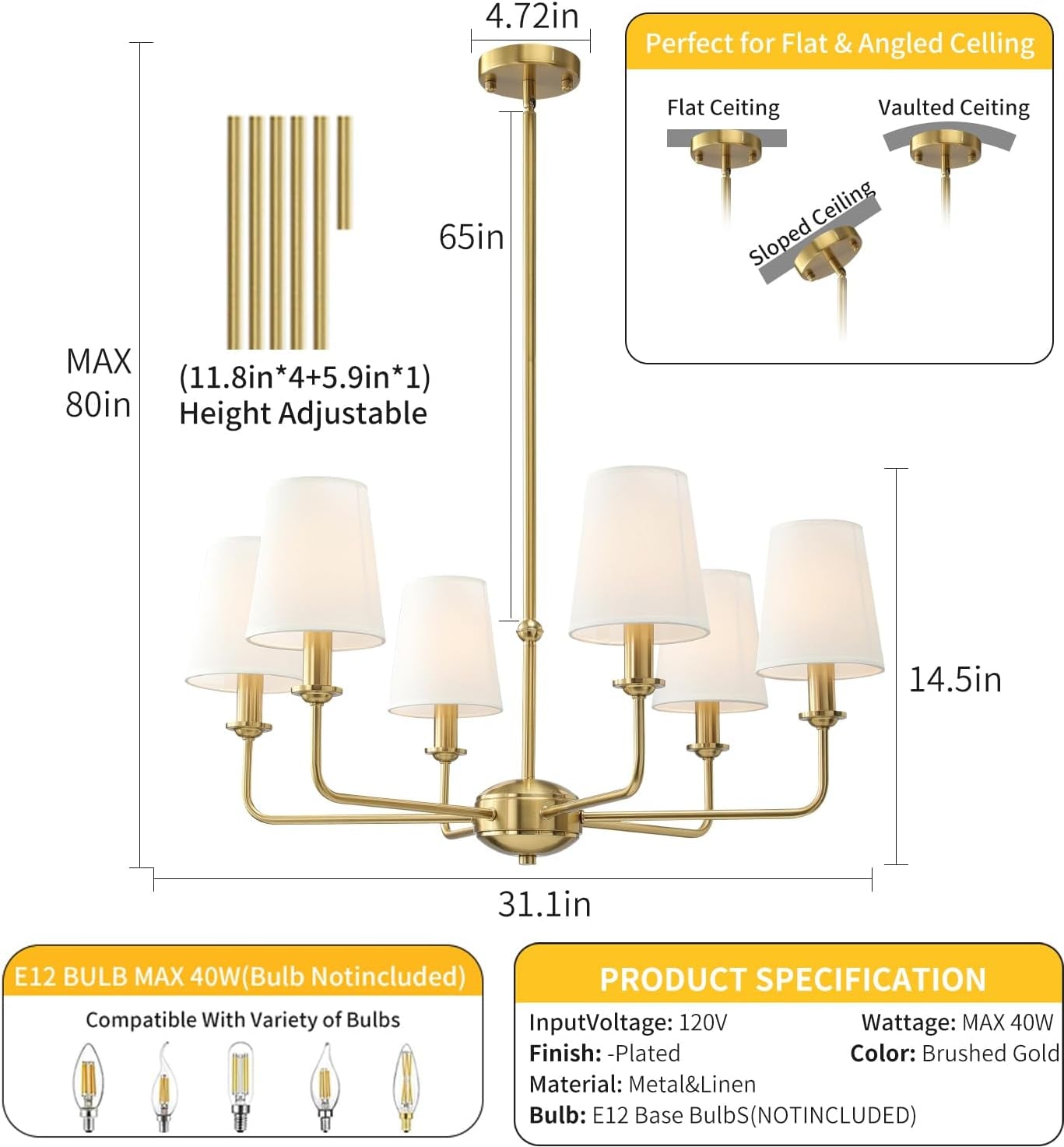 Six-Light Brushed Gold Pendant Chandelier Fabric Shades-2