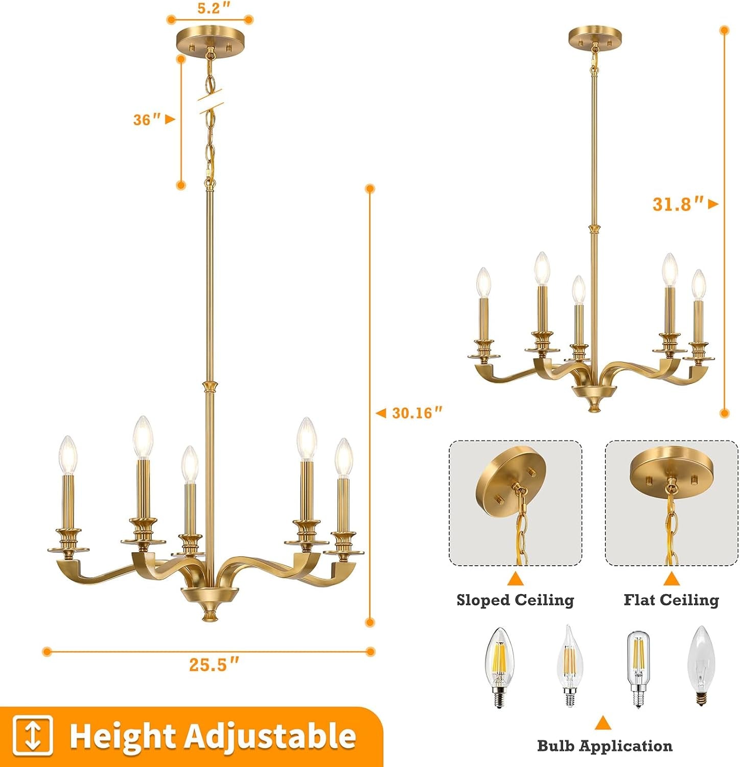 Gold 5 Light Chandelier 25.5 Inch Farmhouse Brass Dining-3