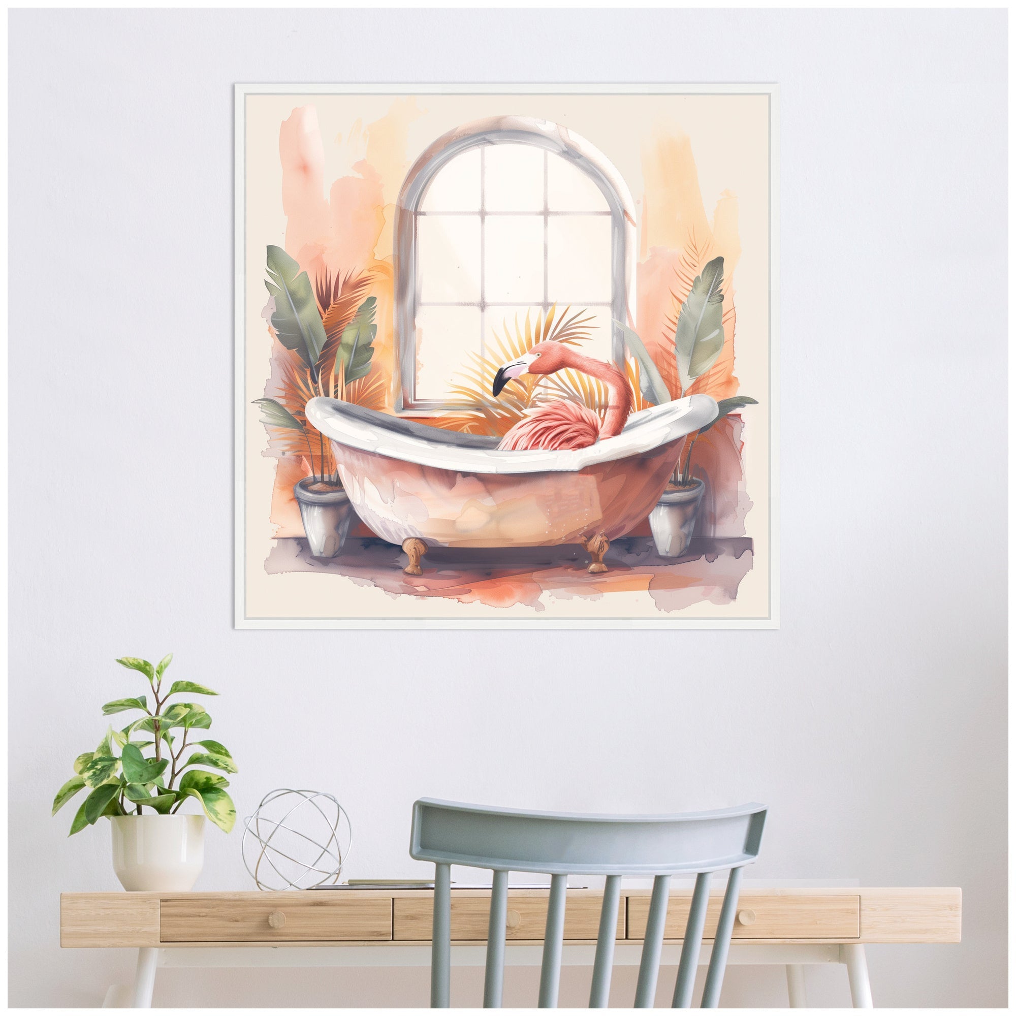 Sylvie Flamingo Bath Pastel Tropical Bathroom Watercolor Framed Canvas by The Creative Bunch Studio