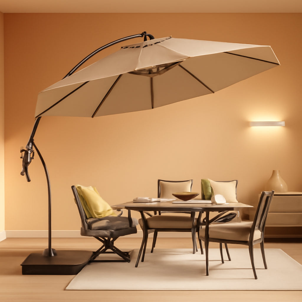 11ft Cantilever Umbrella With Base Champagne Aluminum Outdoor Patio Shade Durable Frame