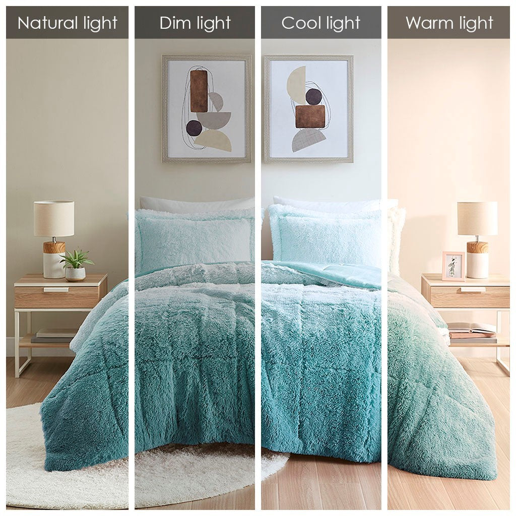 Full/Queen Ombre Shaggy Long Fur Comforter Mini Set
