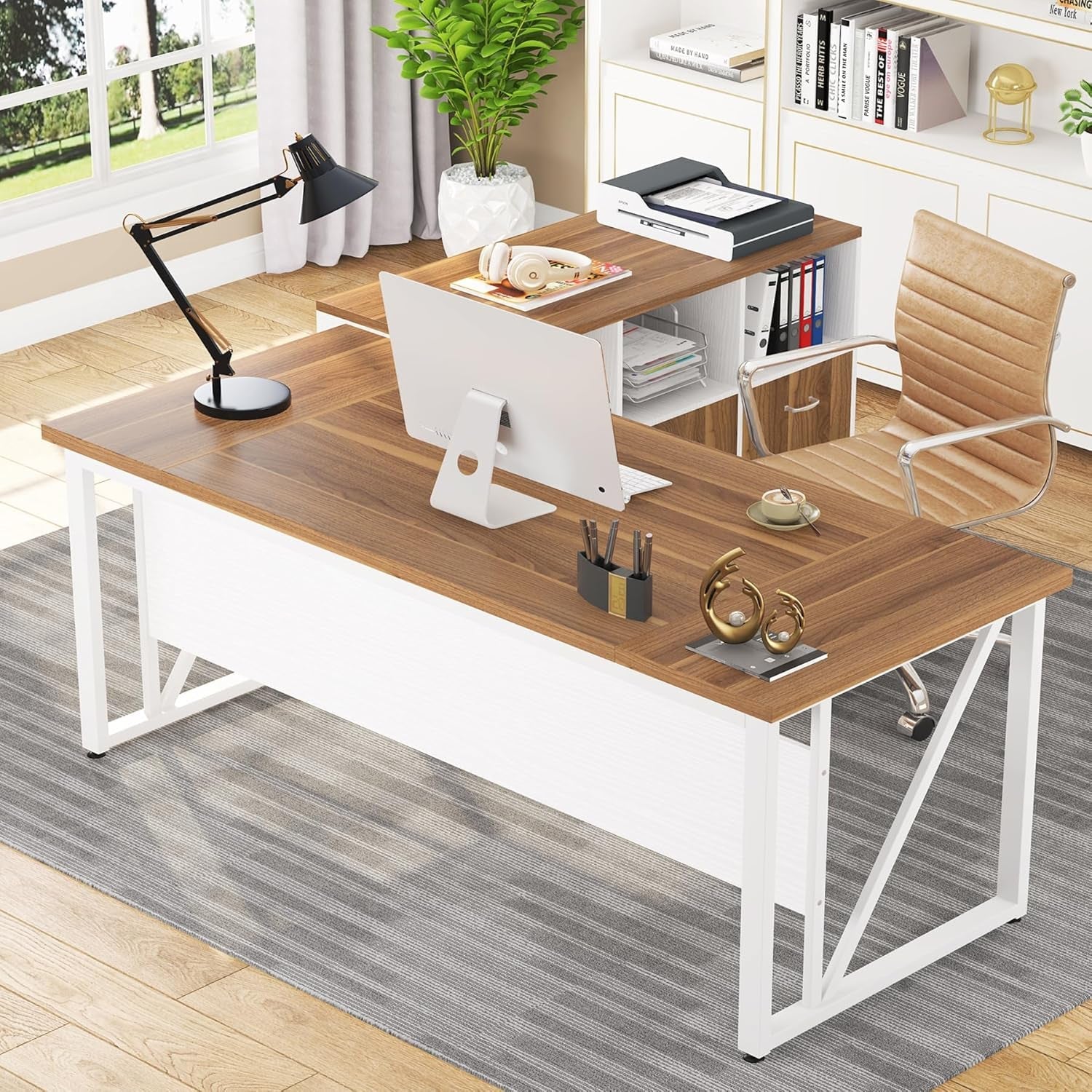 63 Inch L Desk With File Cabinet Walnut White Finish