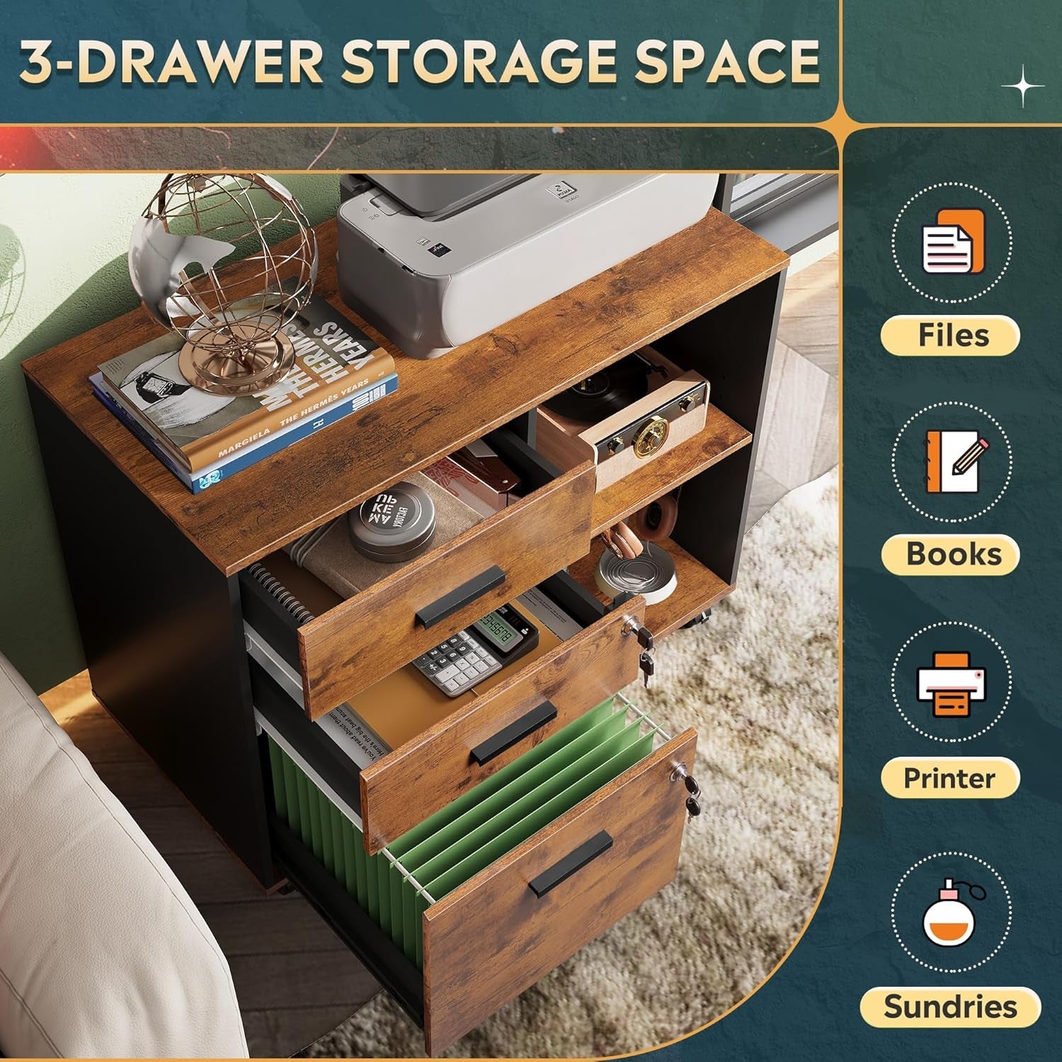 3 Drawer Wood File Cabinet With Lock For Home Office