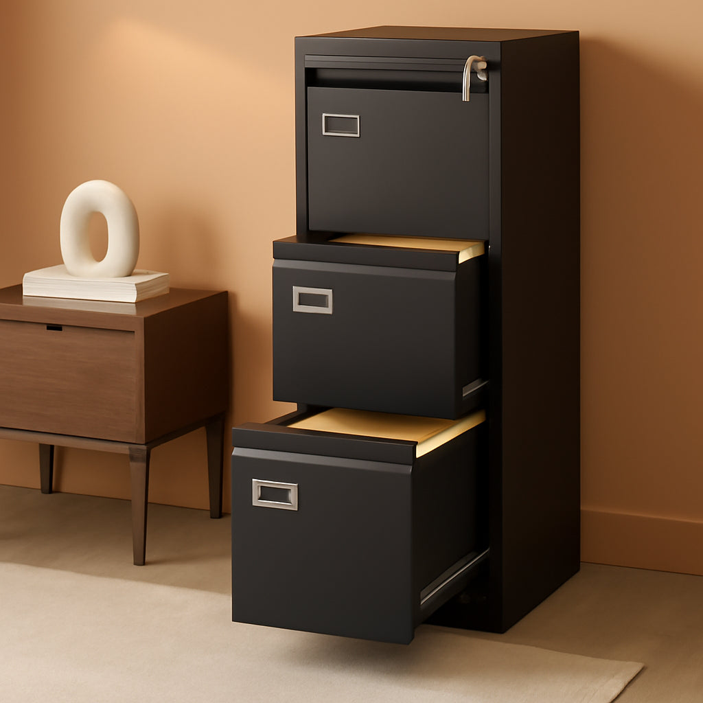Lockable 4 Drawer Vertical File Cabinet Black Metal For Home Office