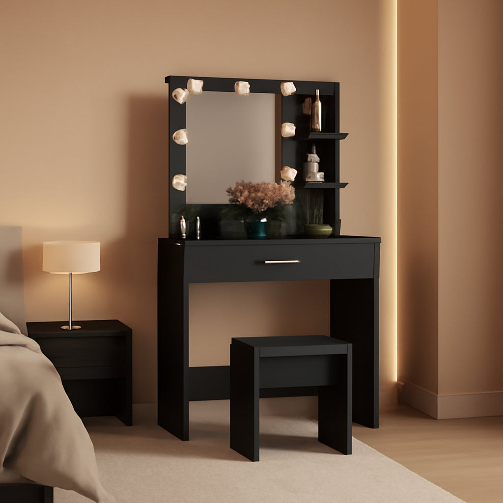Black Makeup Vanity Table With Lighted Mirror And USB Ports
