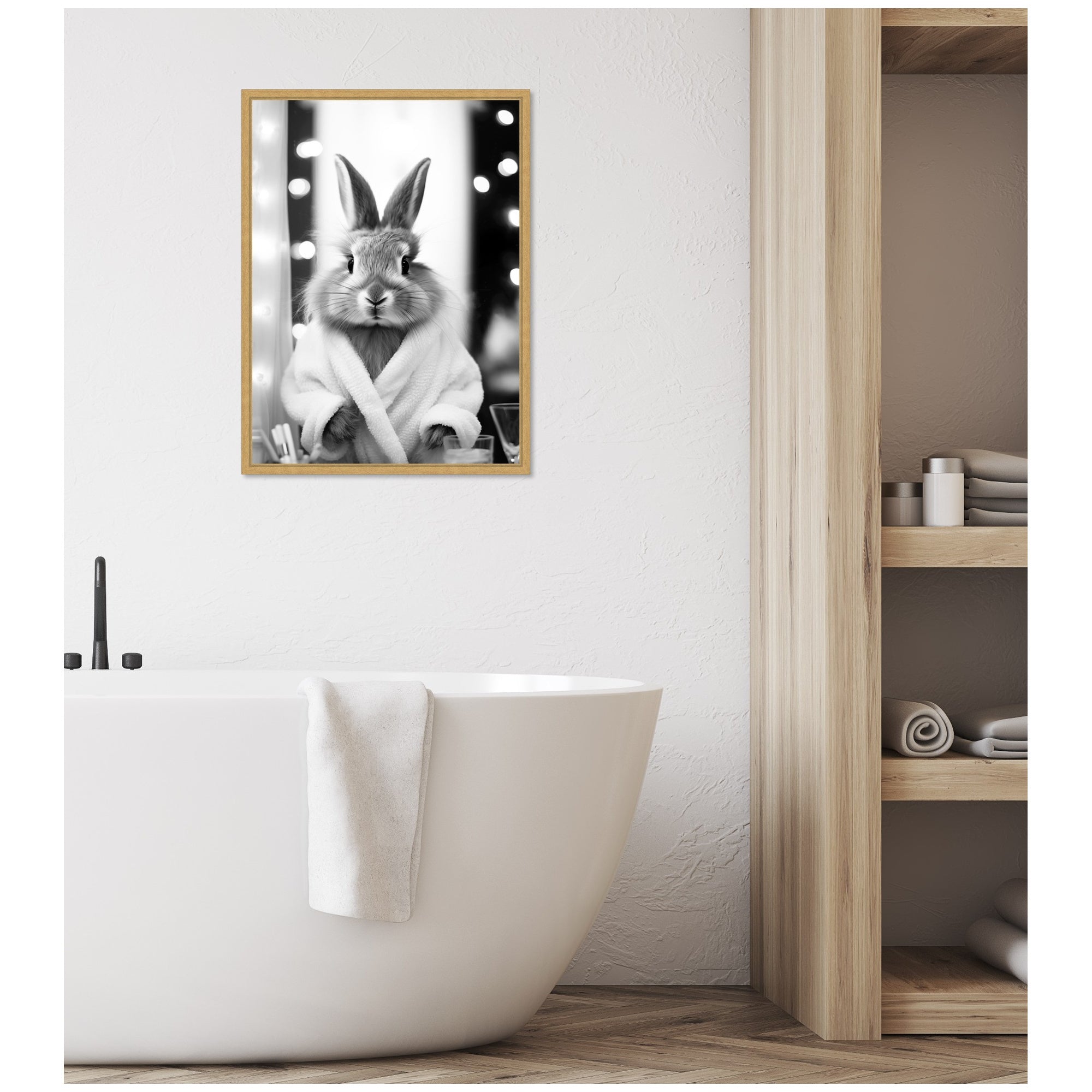 Sylvie Bunny Glam Bathroom Art Towel Robe Black and White Framed Canvas by The Creative Bunch Studio