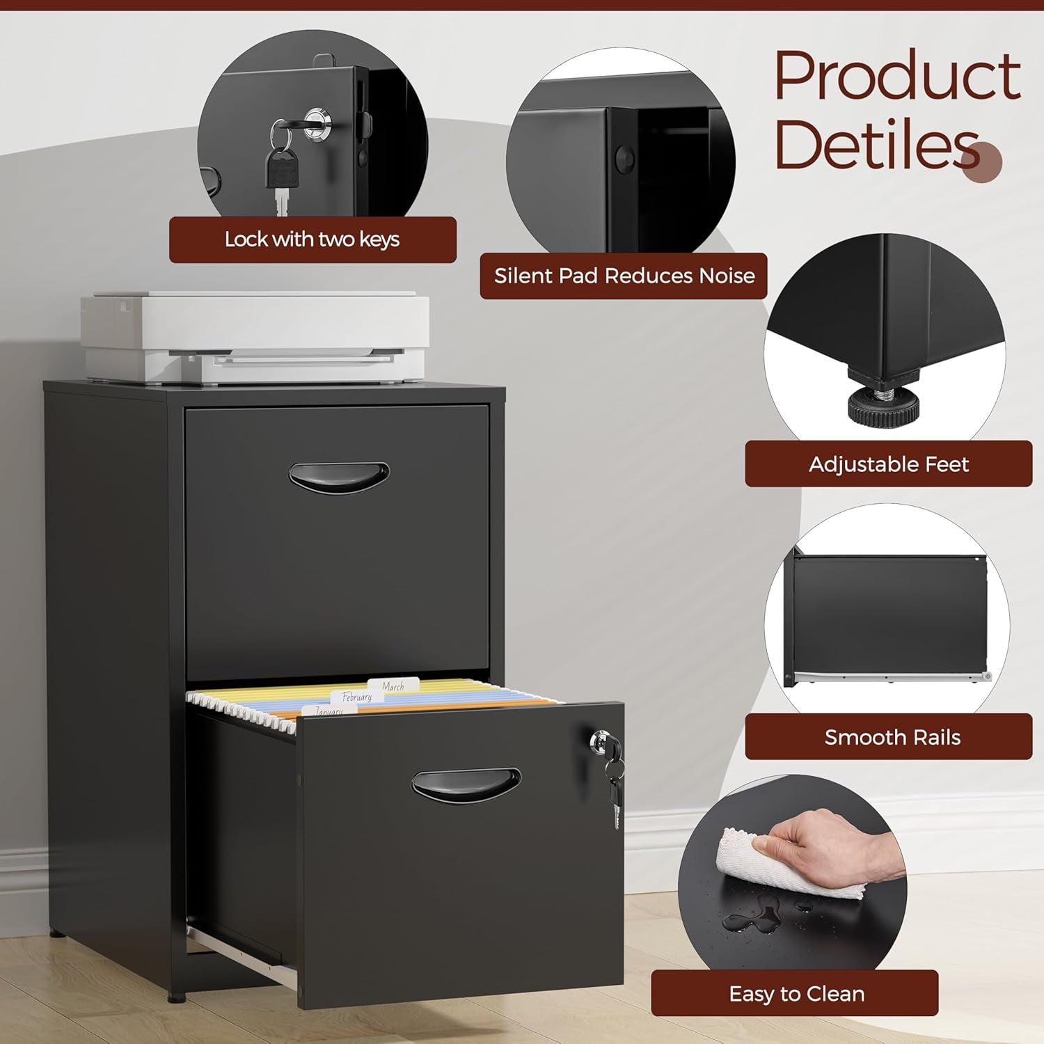 2 Drawer Locking Vertical File Cabinet Black Metal For Hanging Files Letter A4 Documents