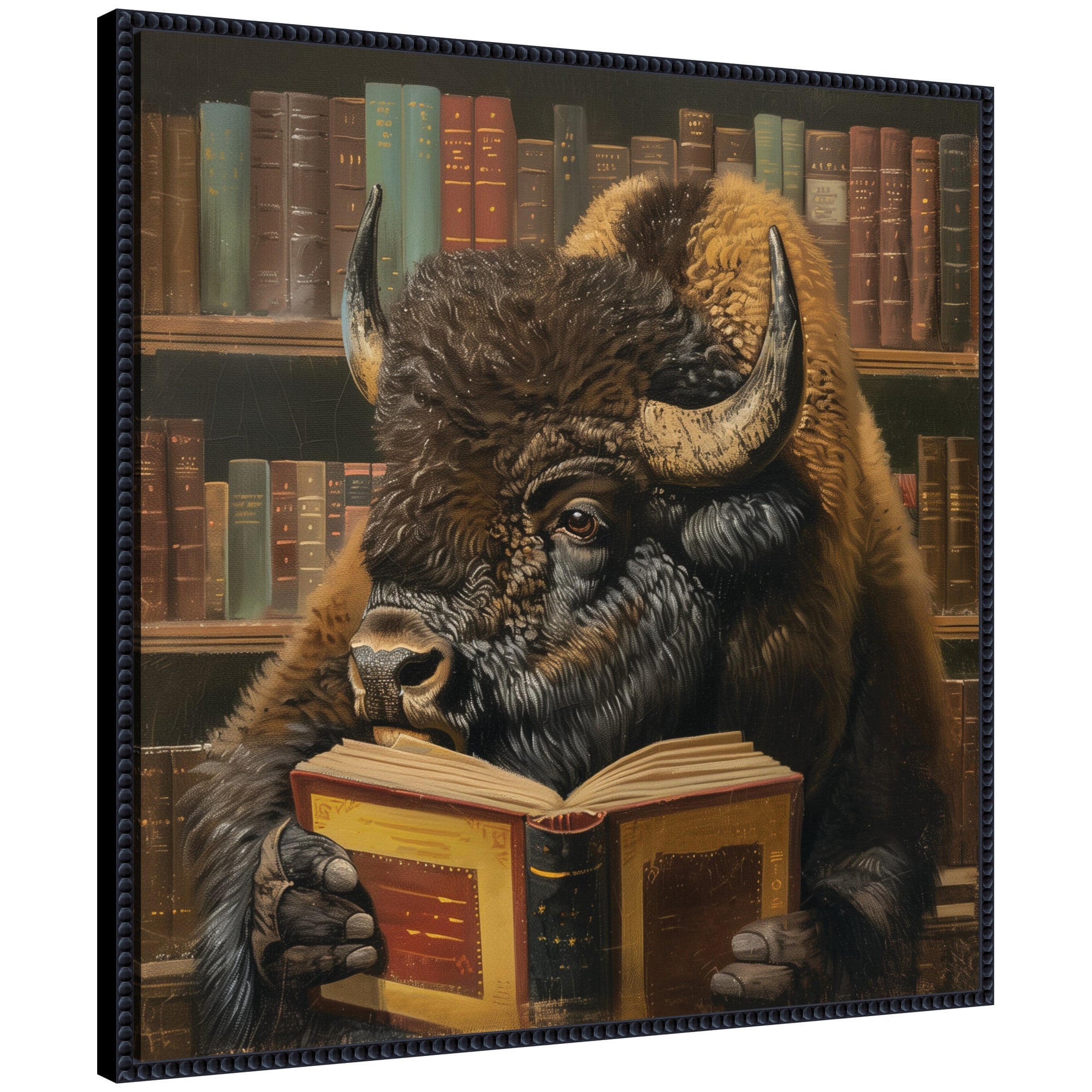 Sylvie Traditional Buffalo Reading in Library Framed Canvas by The Creative Bunch Studio