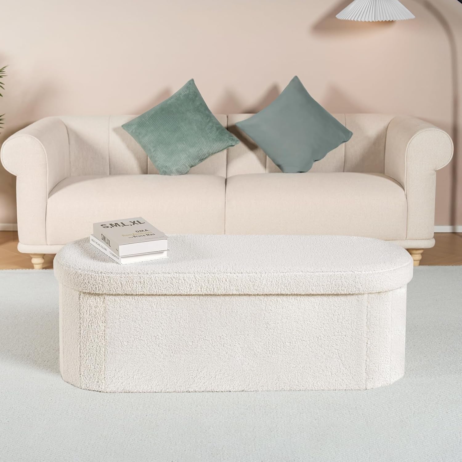 Sherpa Lined Folding Storage Ottoman 43.3 Inch White