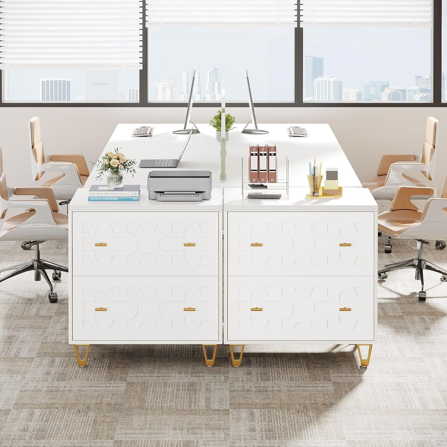 Two Drawer Lateral File Cabinet White And Gold For Legal Letter A4 Files Printer Stand Home Office