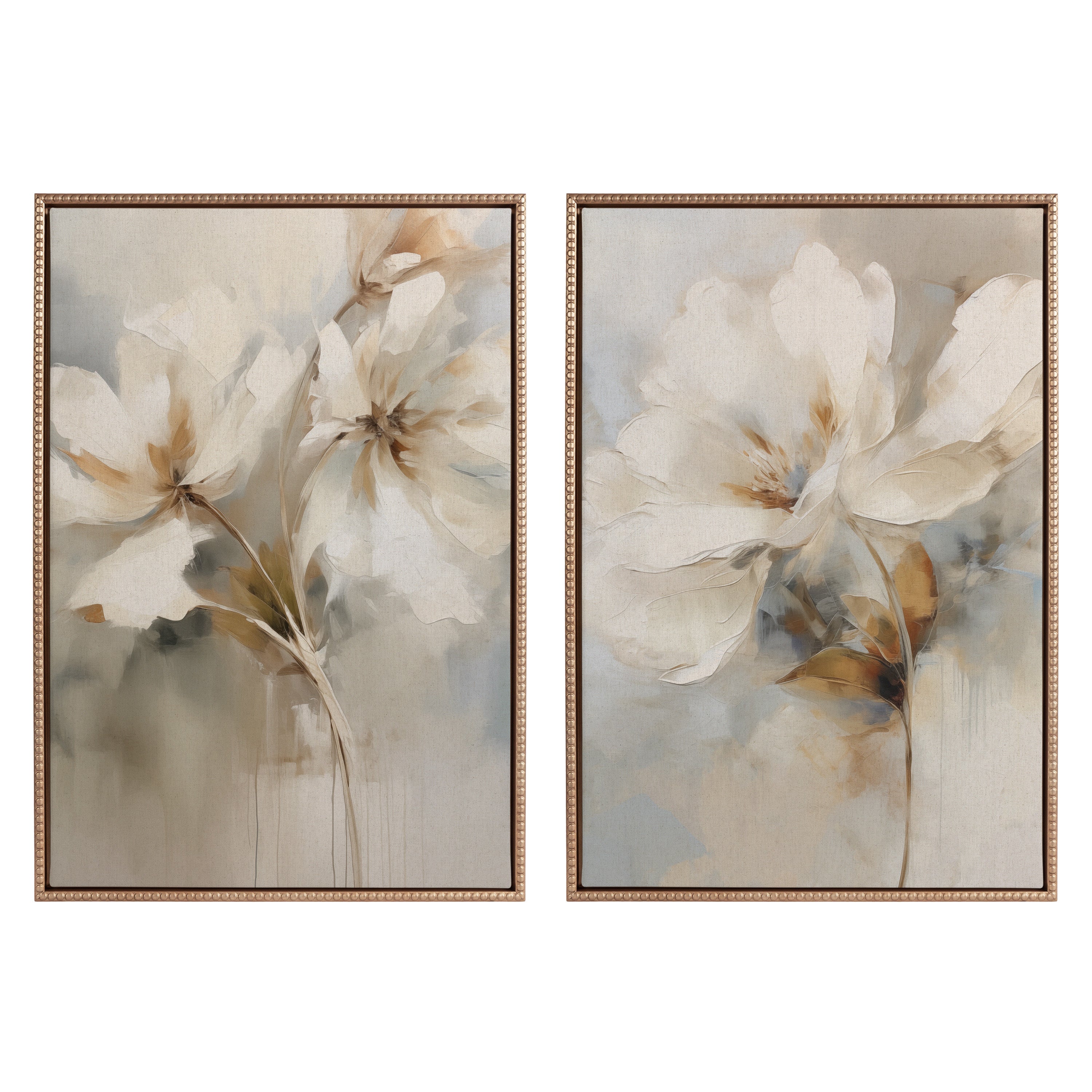 Sylvie Beaded Abstract Botanical Floral Linen Painting 1 and 2 Framed Canvas Art Set by The Creative Bunch Studio