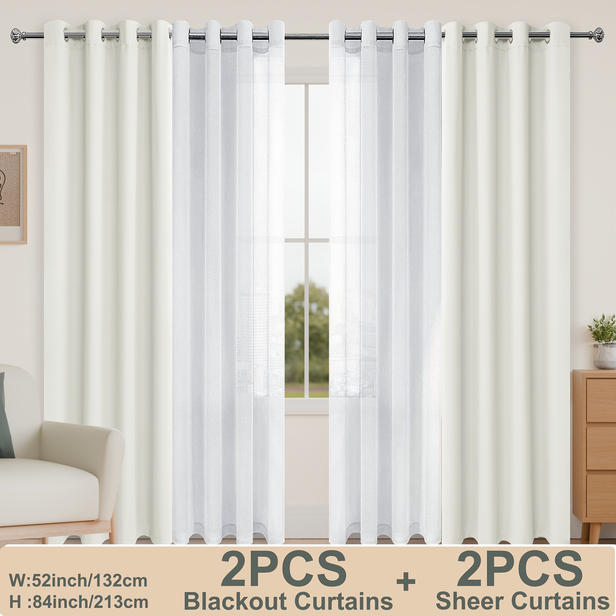 4pcs/SET Curtains - 2pcs Blackout Curtains with Tiebacks And 2pcs Sheer Curtains-4