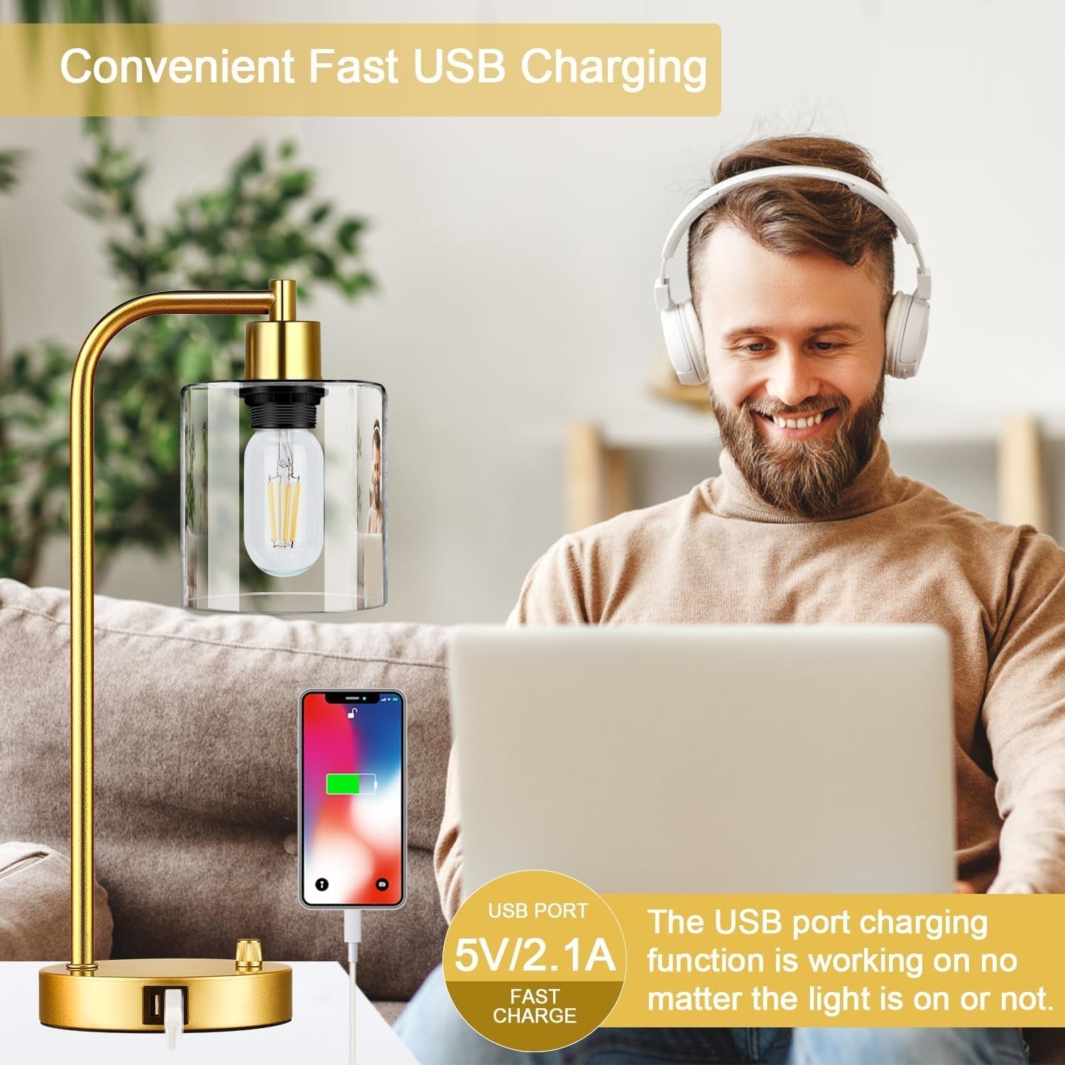 Set Of 2 Gold Table Lamps With 2 USB Ports Dimmable