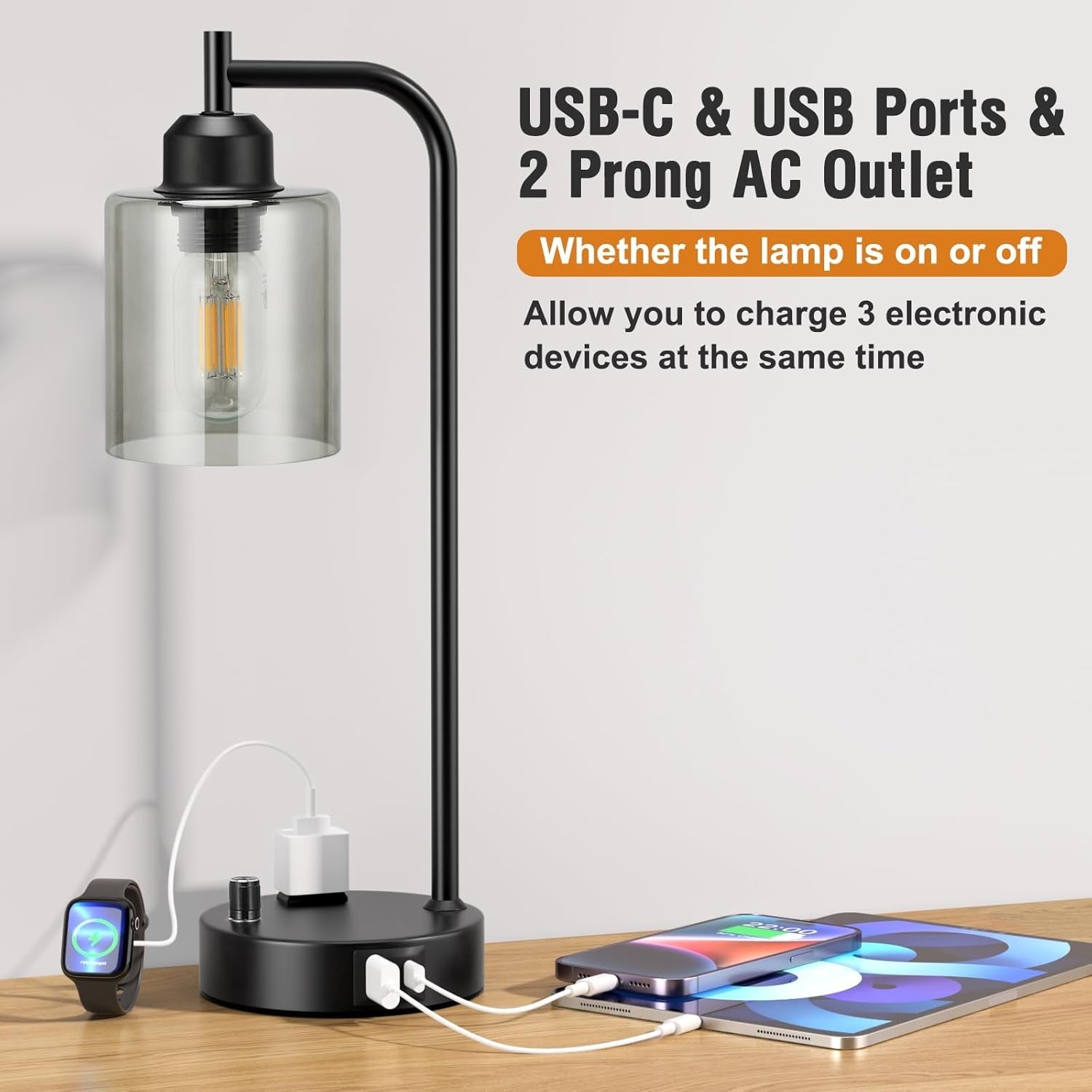 Industrial Desk Lamps 2 Pack Dimmable With USB C Ports