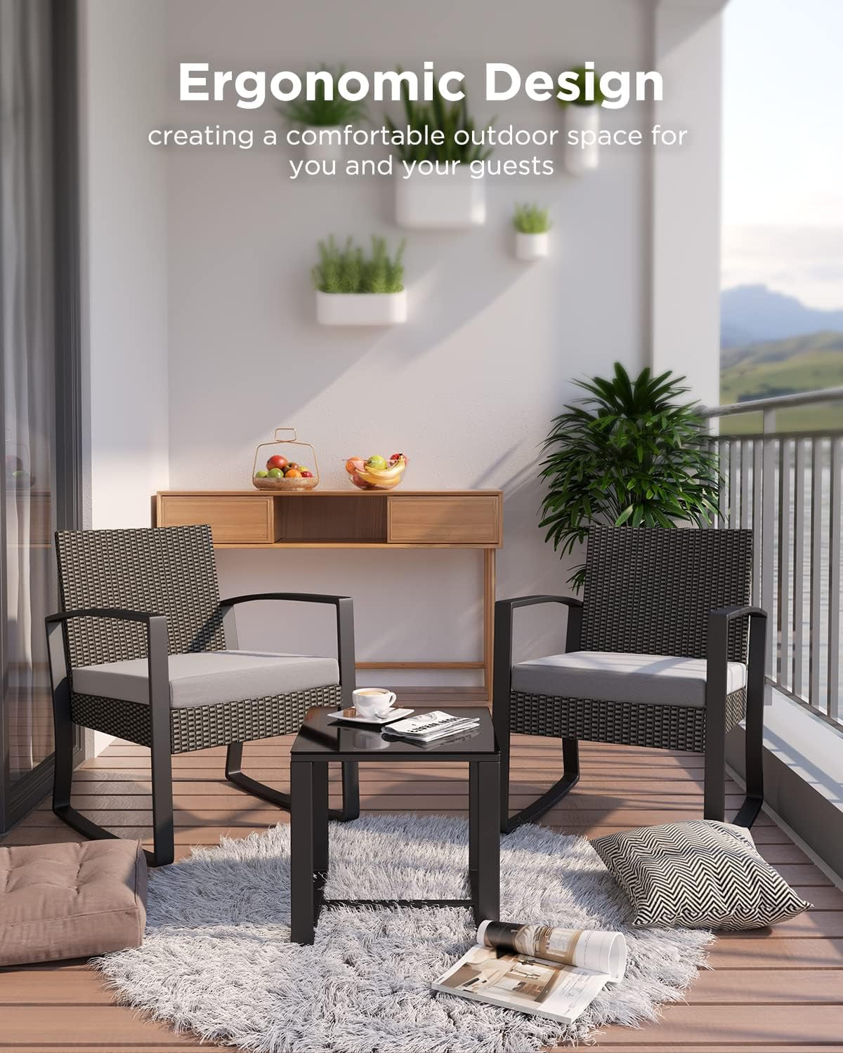 3 Piece Rattan Rocking Bistro Set With Coffee Table Outdoor Patio Furniture Grey Cushions