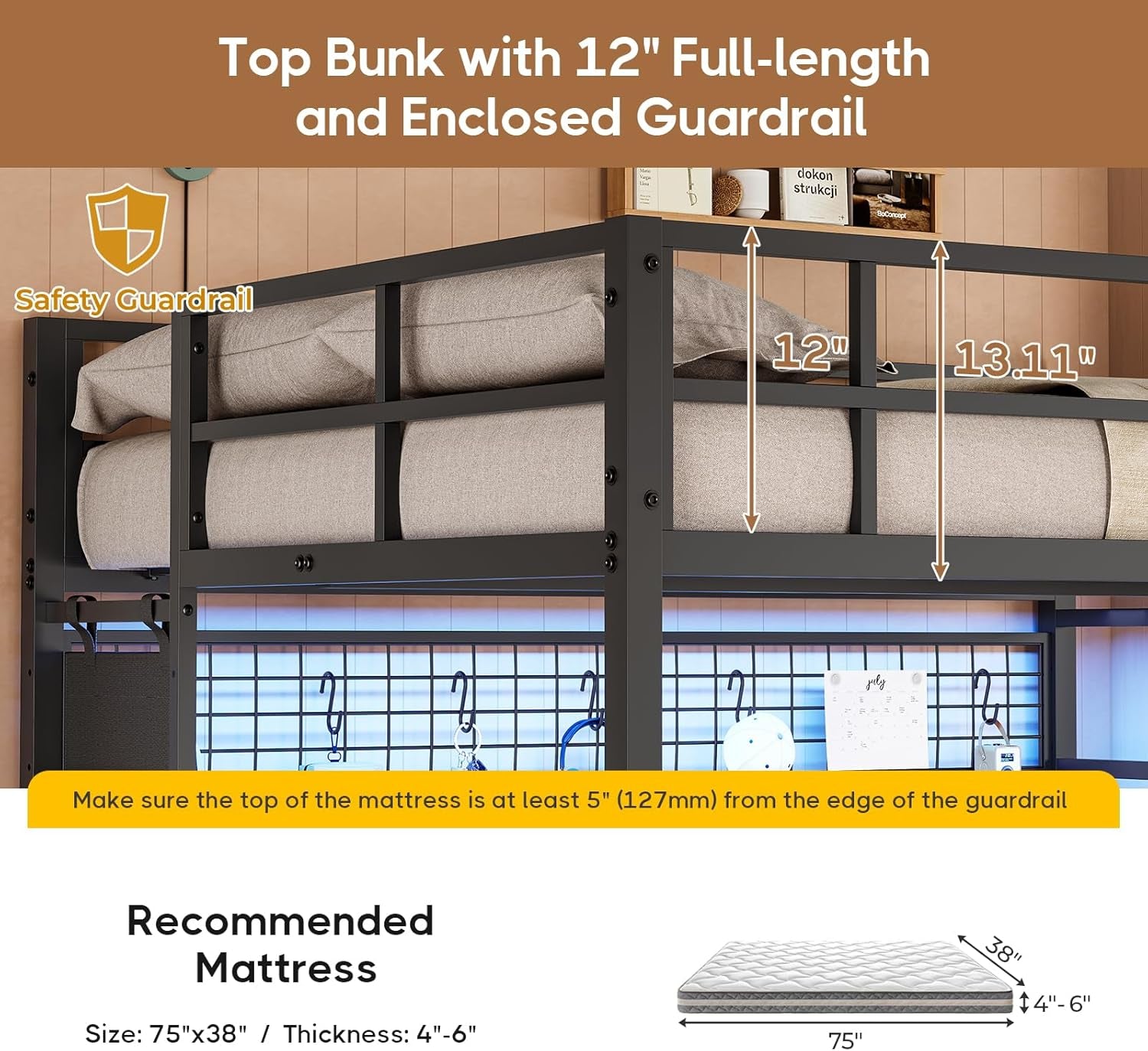 Black Full Over Twin Metal Bunk Bed With Desk LED Lights