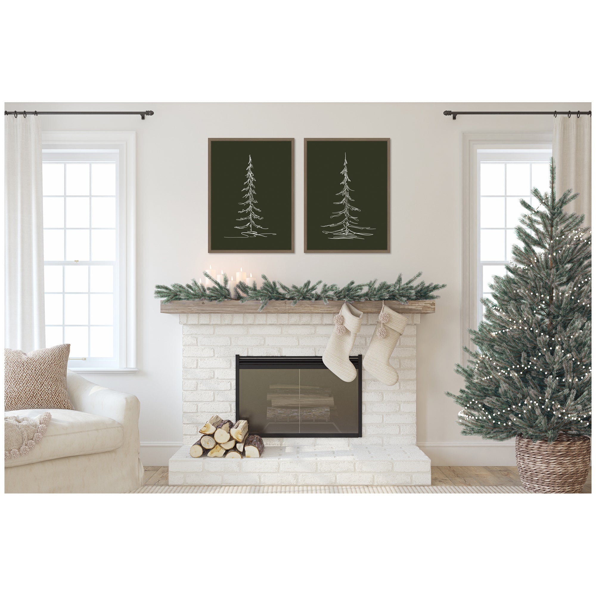 Sylvie Minimalist Evergreen Trees Sketch - 2 Piece Framed Canvas Art Set by The Creative Bunch Studio