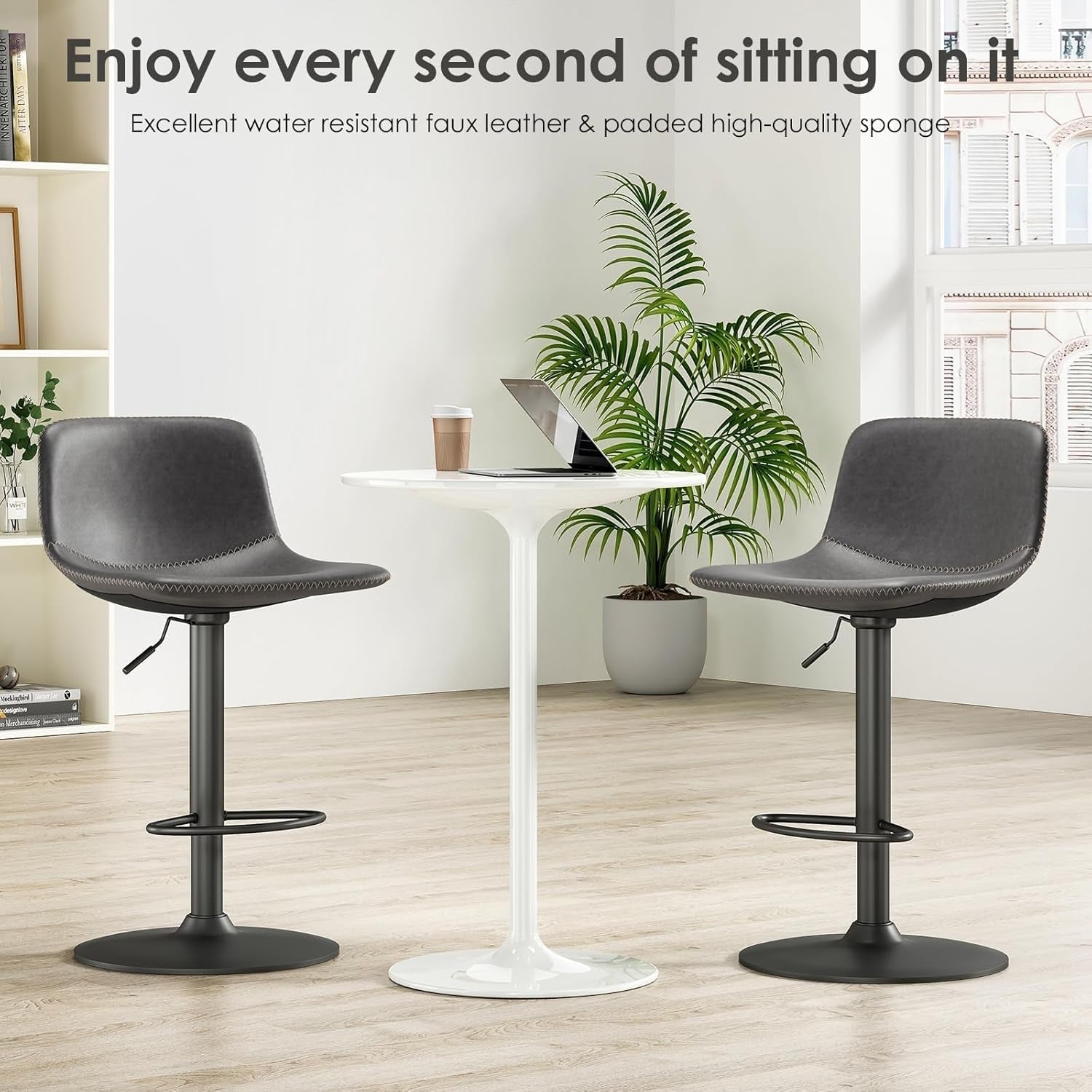 Adjustable Bar Stools Set of 2 PU Leather Back Support