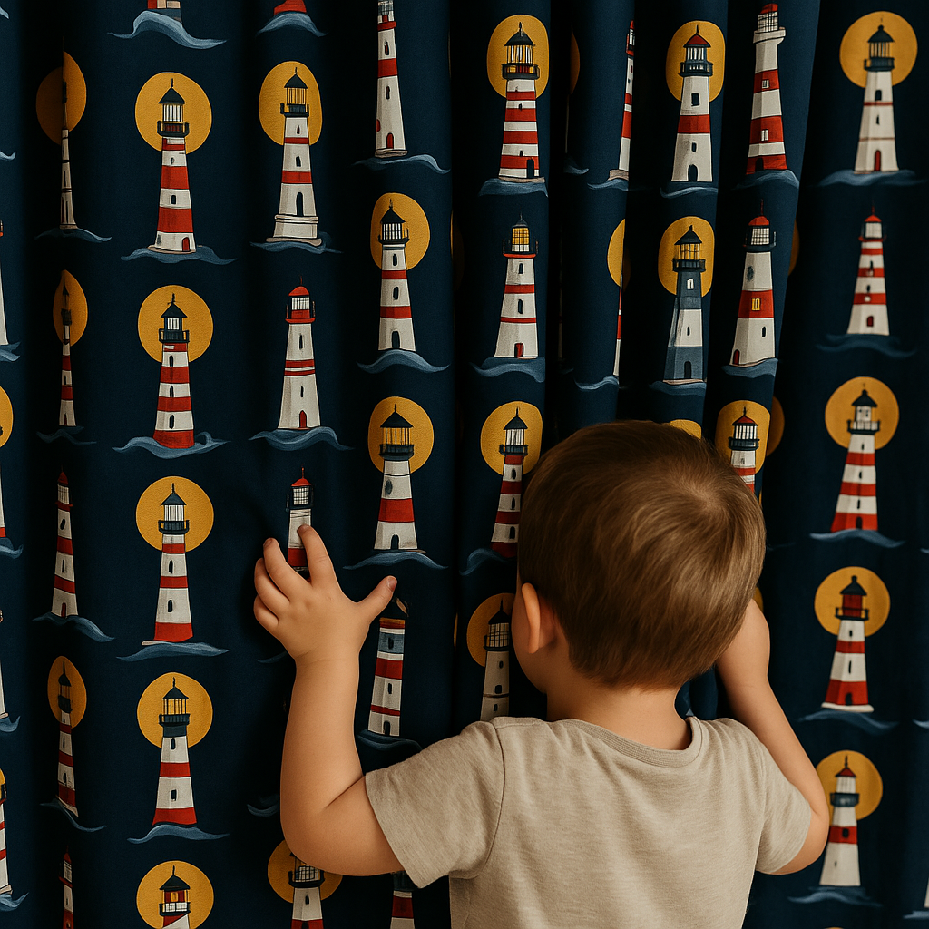 Lighthouse Navy Cotton Kids Curtains – Nautical Bedroom Drapes, Light-Filtering or 100 % Blackout-2