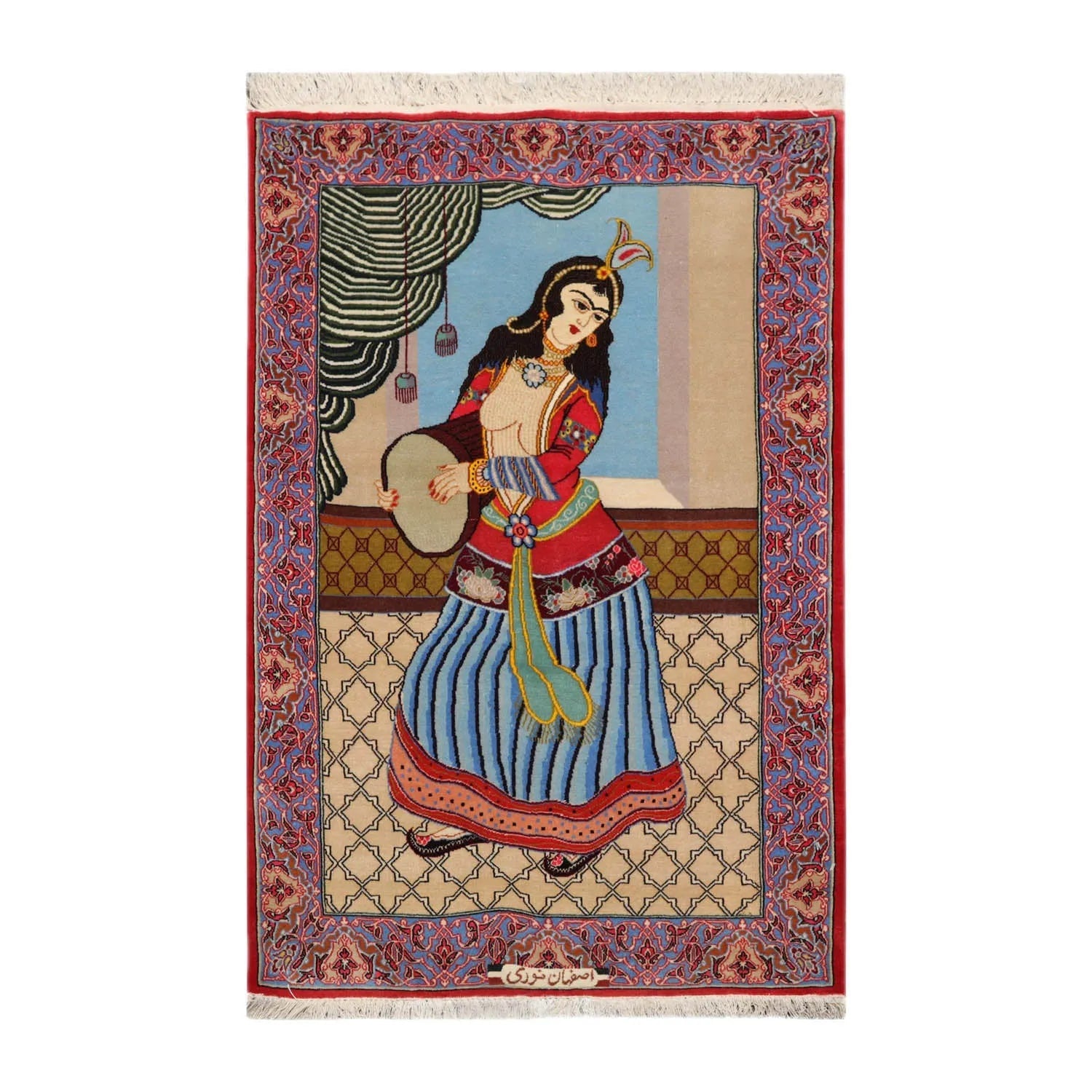 2' 5''x3' 10'' Hand Knotted 100% Wool Pictorial Tapestry Isfahan 300 kpsi Oriental Area Rug Beige, Blue Color