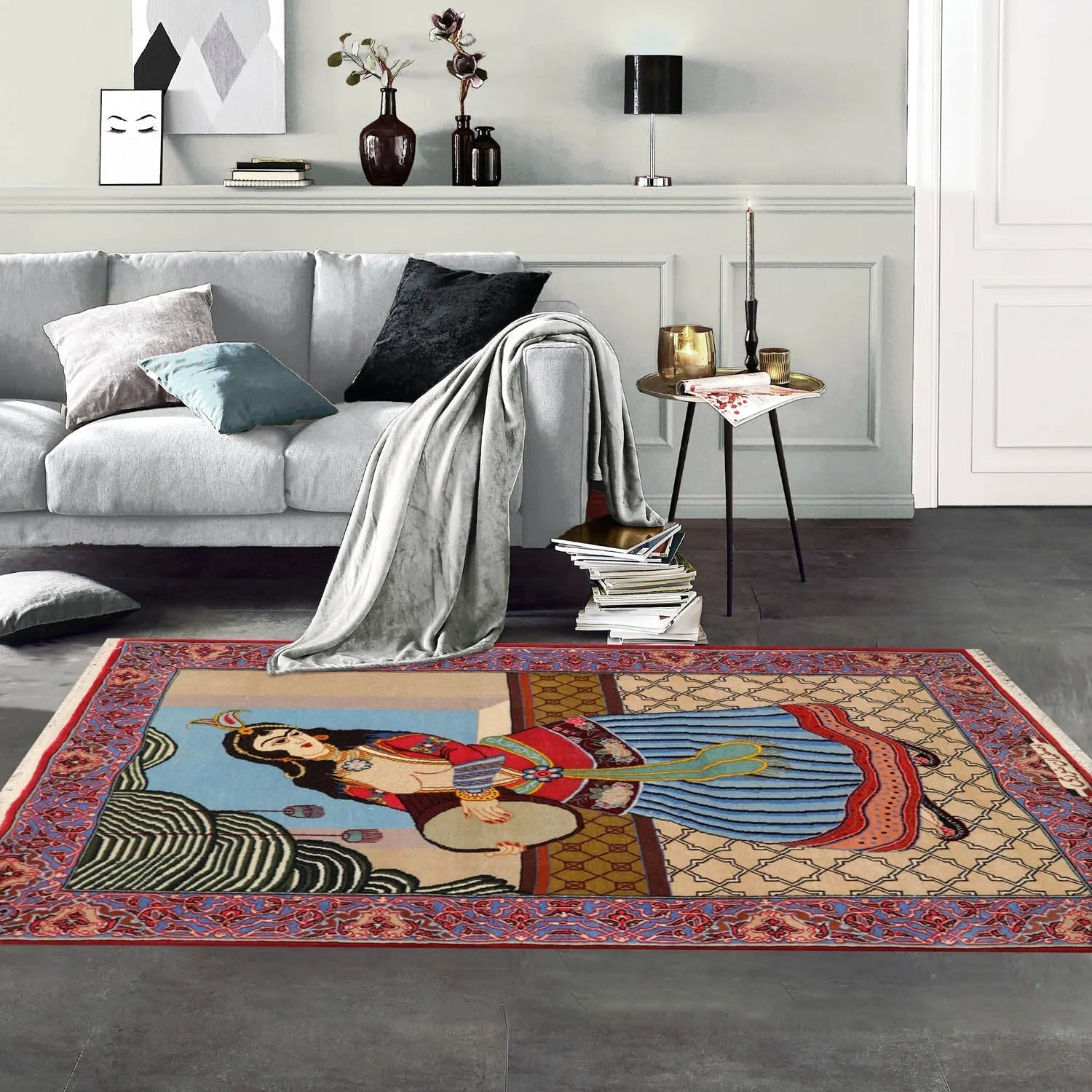 2' 5''x3' 10'' Hand Knotted 100% Wool Pictorial Tapestry Isfahan 300 kpsi Oriental Area Rug Beige, Blue Color