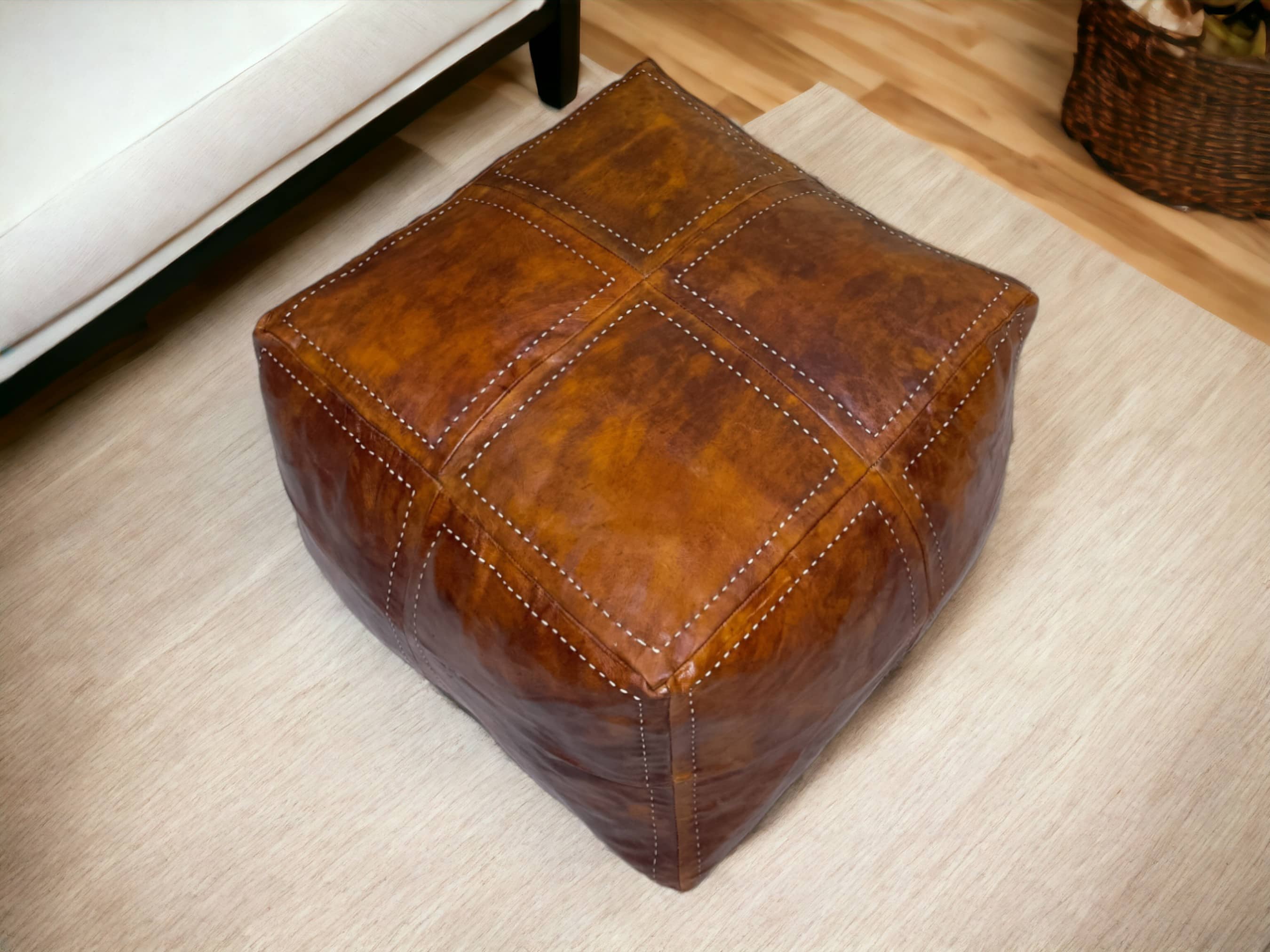 Elevate Your Living Space with Our Luxurious Tobacco  Square Leather Pouf-1