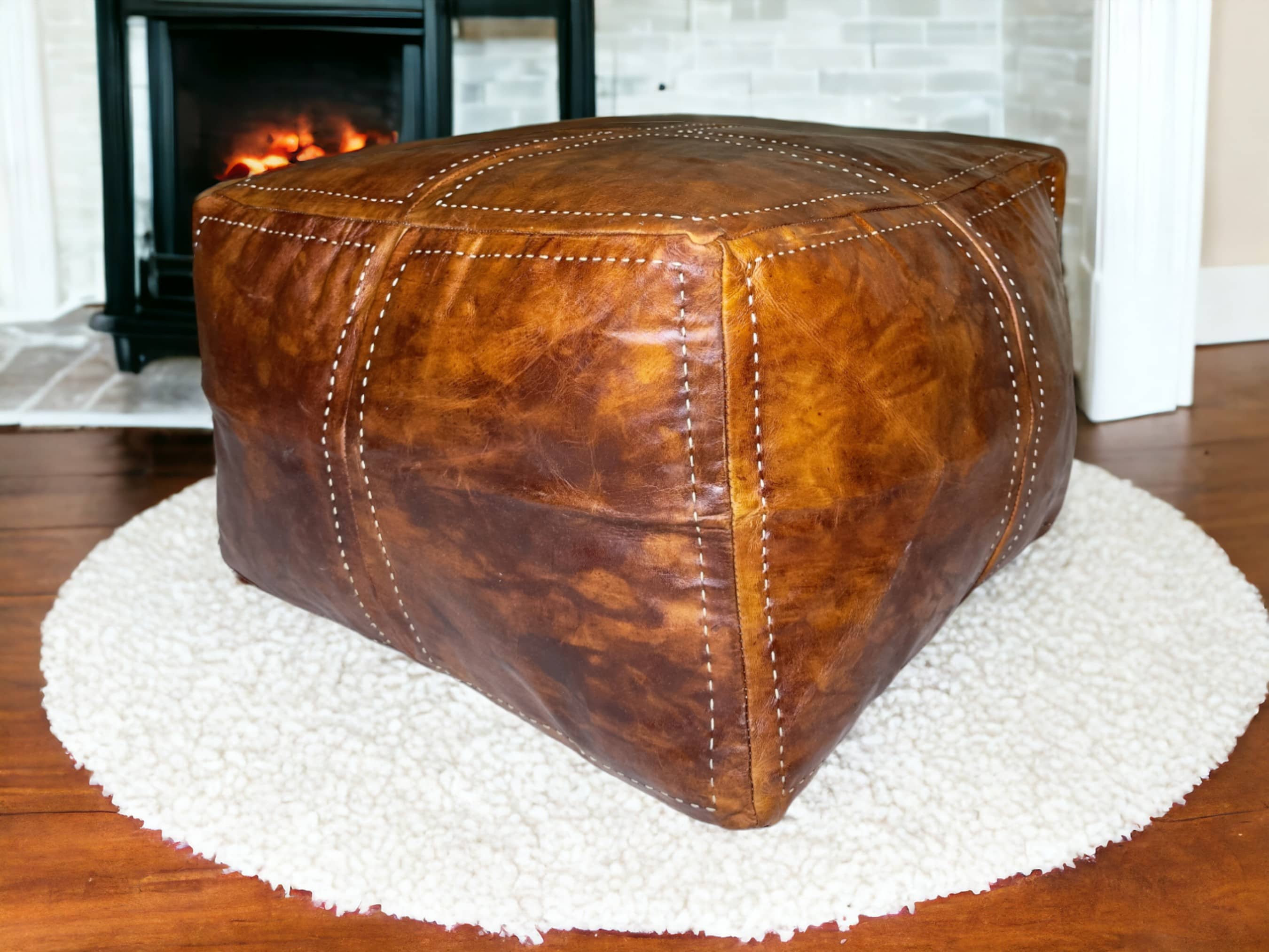 Elevate Your Living Space with Our Luxurious Tobacco  Square Leather Pouf-2