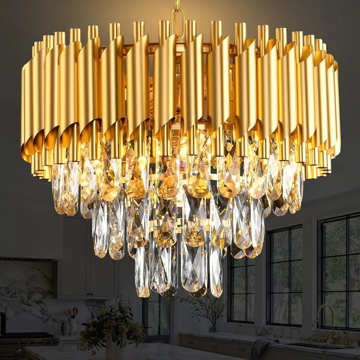 DecorBites™ Gold Crystal Chandelier 3-Tier Luxury