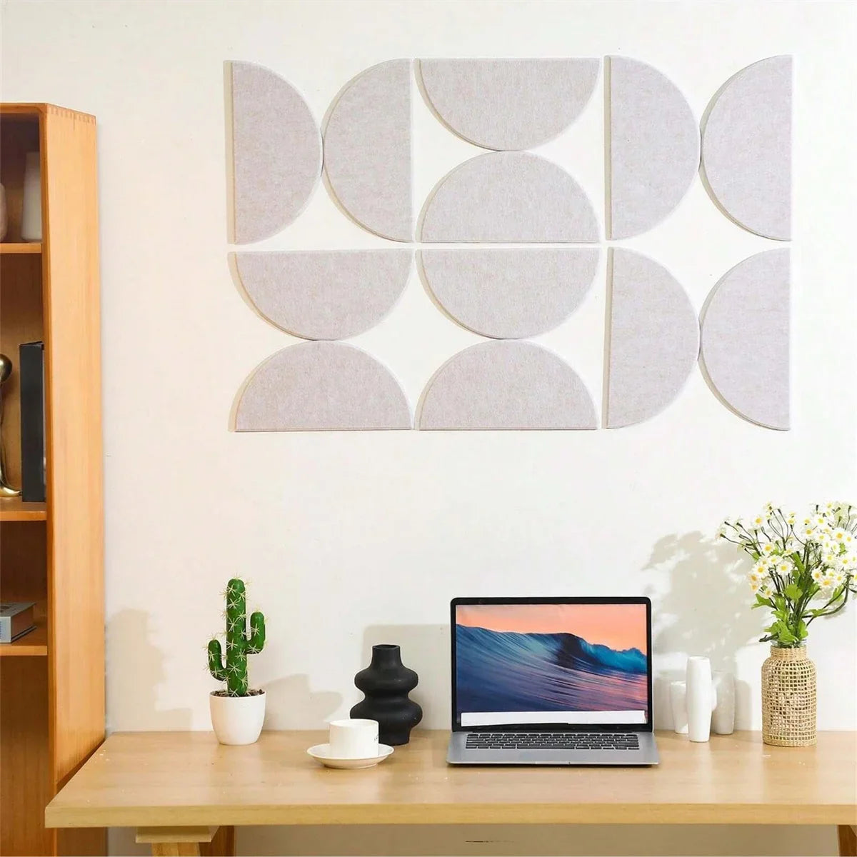 12pcs Decorative Felt Wall Panel Kit Semicircular Wall Felt Tiles Home Decor Felts Tiles with Self Adhesive Decorative Board