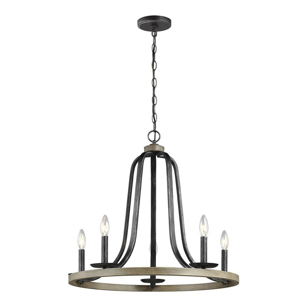 Rustic 5 Light Dimmable Farm Home Circle Metal Chandelier Oak Finish-0